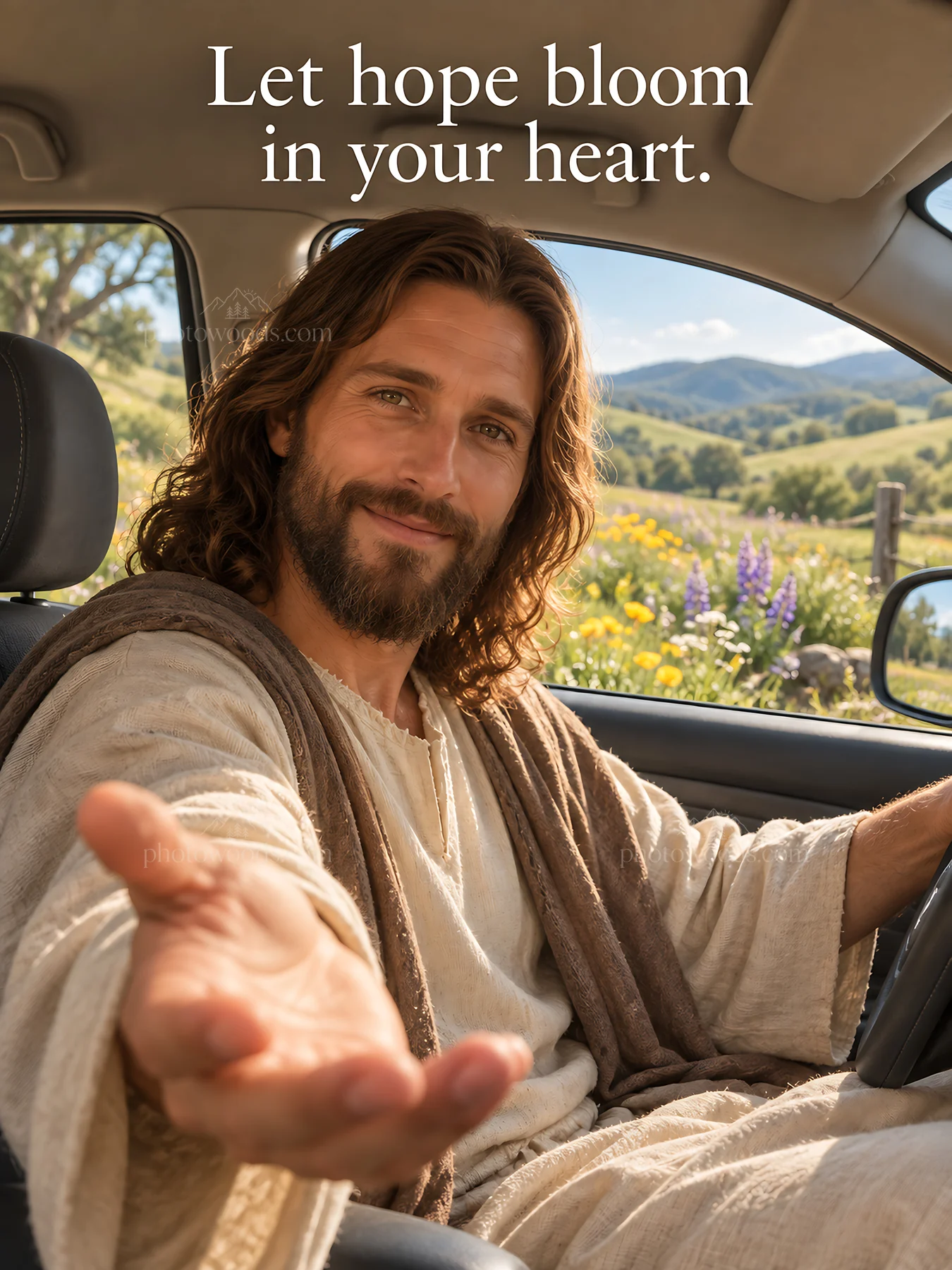 Jesus Christ offering hope in a car - AI-generated stock image