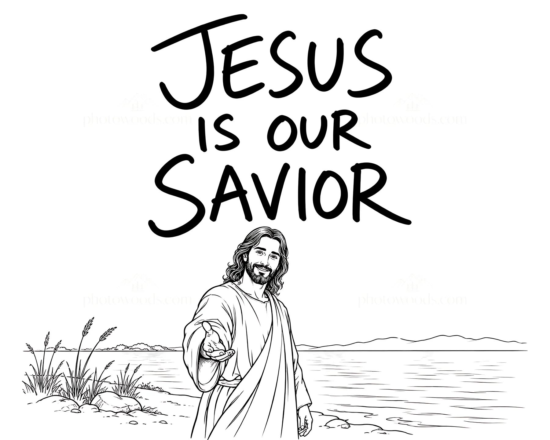 Jesus Christ welcomes the viewer by the riverside - AI-generated stock image