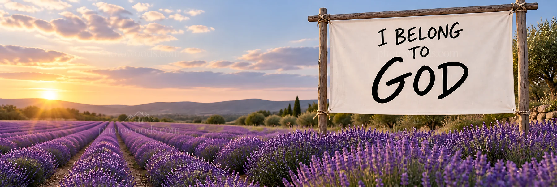 Jesus Christ in a lavender field with a sign that says I belong to God - AI-generated stock image