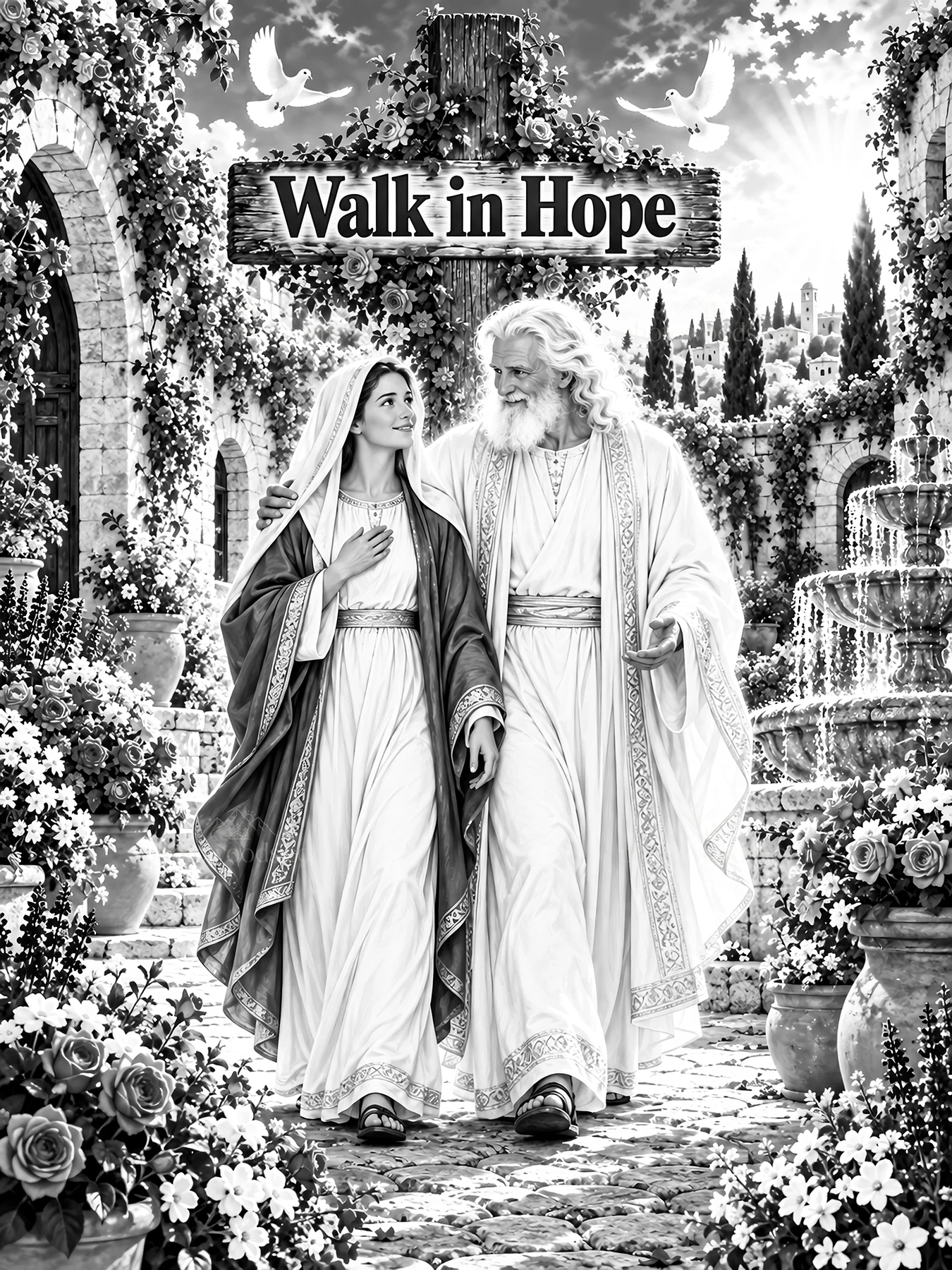 Jesus Christ walking with a woman in a garden setting - AI-generated stock image