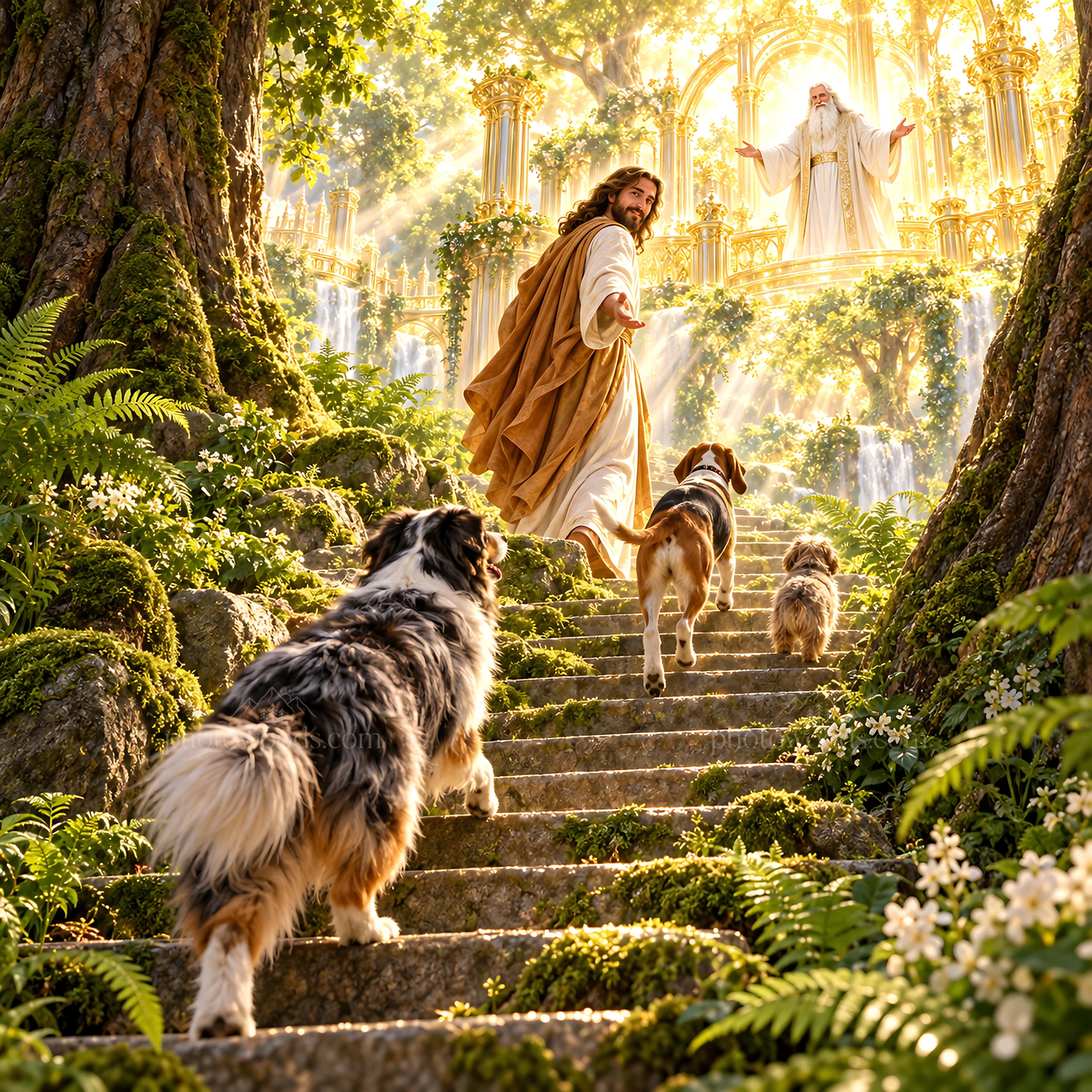 Jesus Christ walking with dogs in a lush garden setting - AI-generated stock image