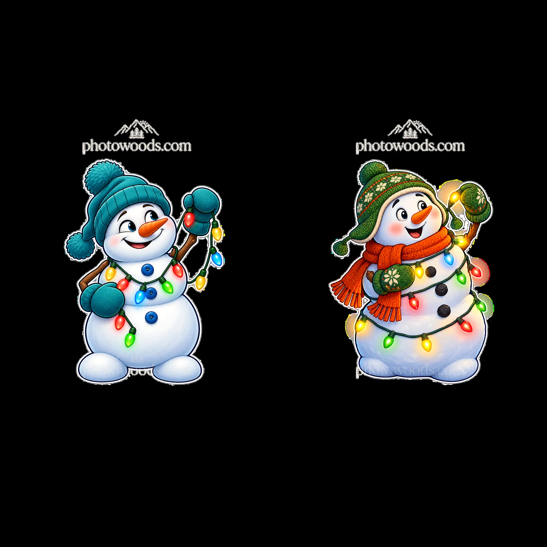 Snowmen wrapped in colorful string lights for winter decoration - AI-generated stock image
