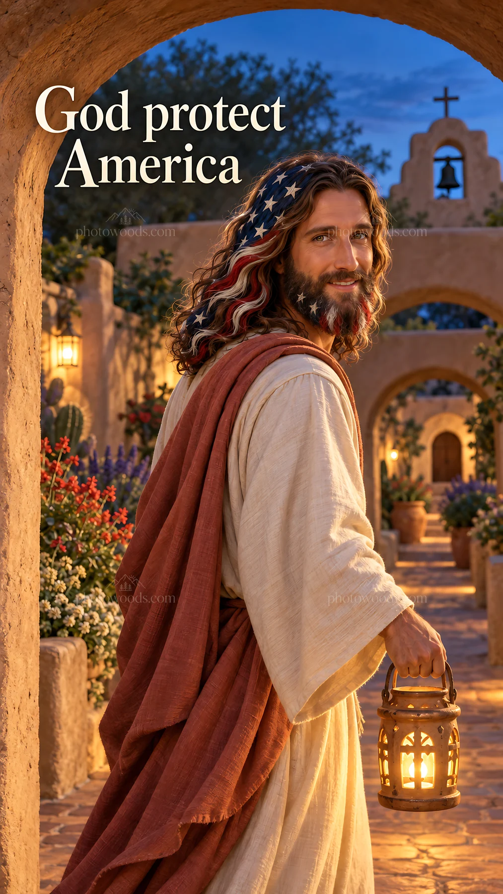 Jesus Christ carrying a lantern in a garden at dusk - AI-generated stock image