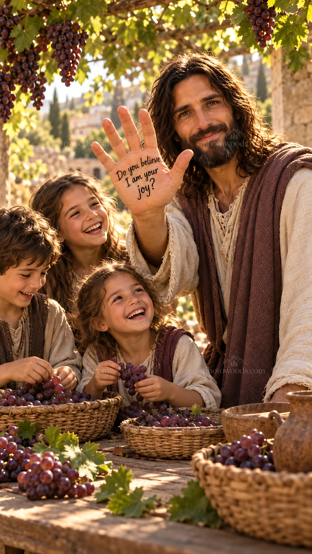 Jesus Christ with children sharing joy with grapes - AI-generated stock image