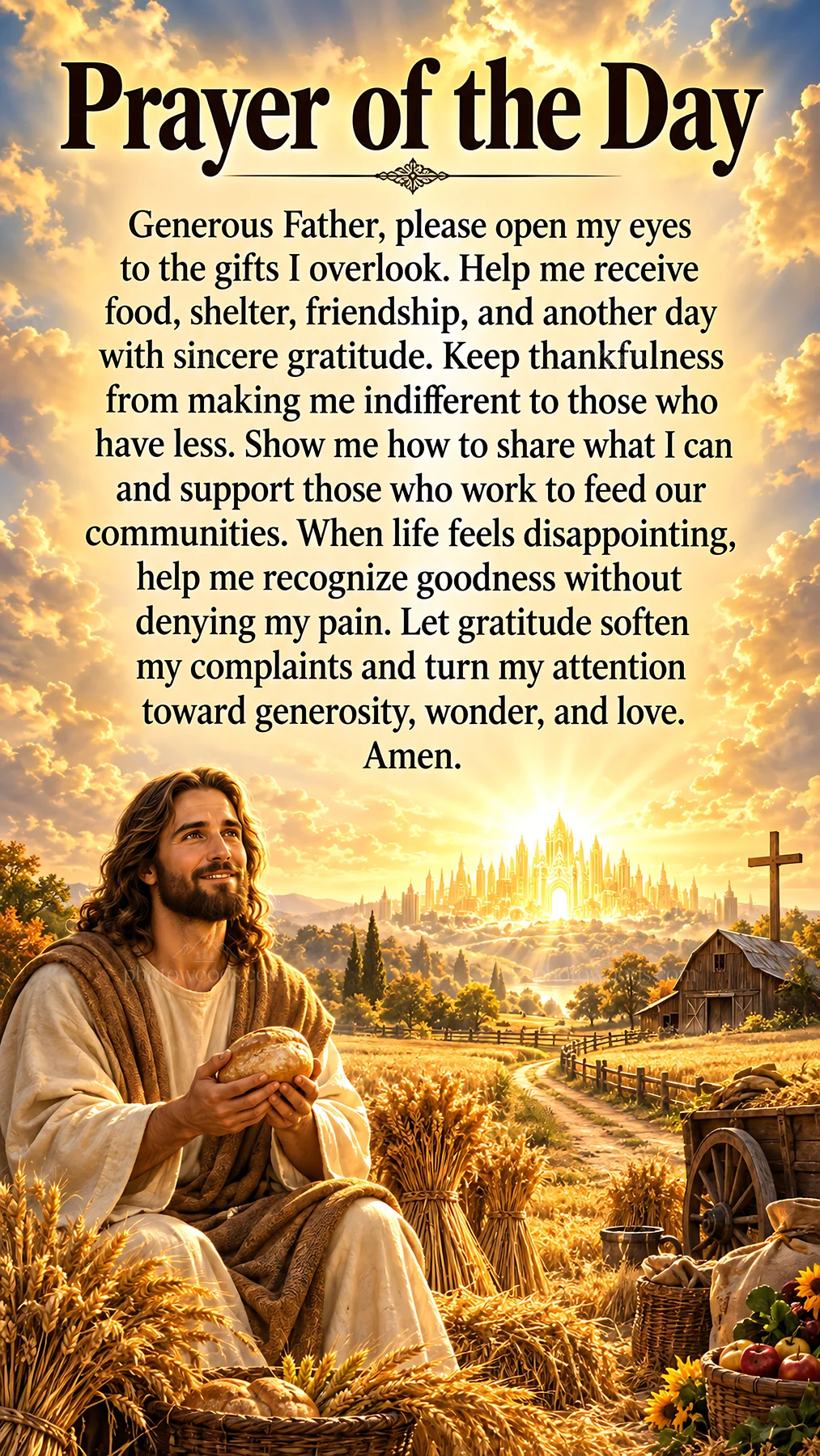 Jesus Christ praying for generosity and gratitude - AI-generated stock image