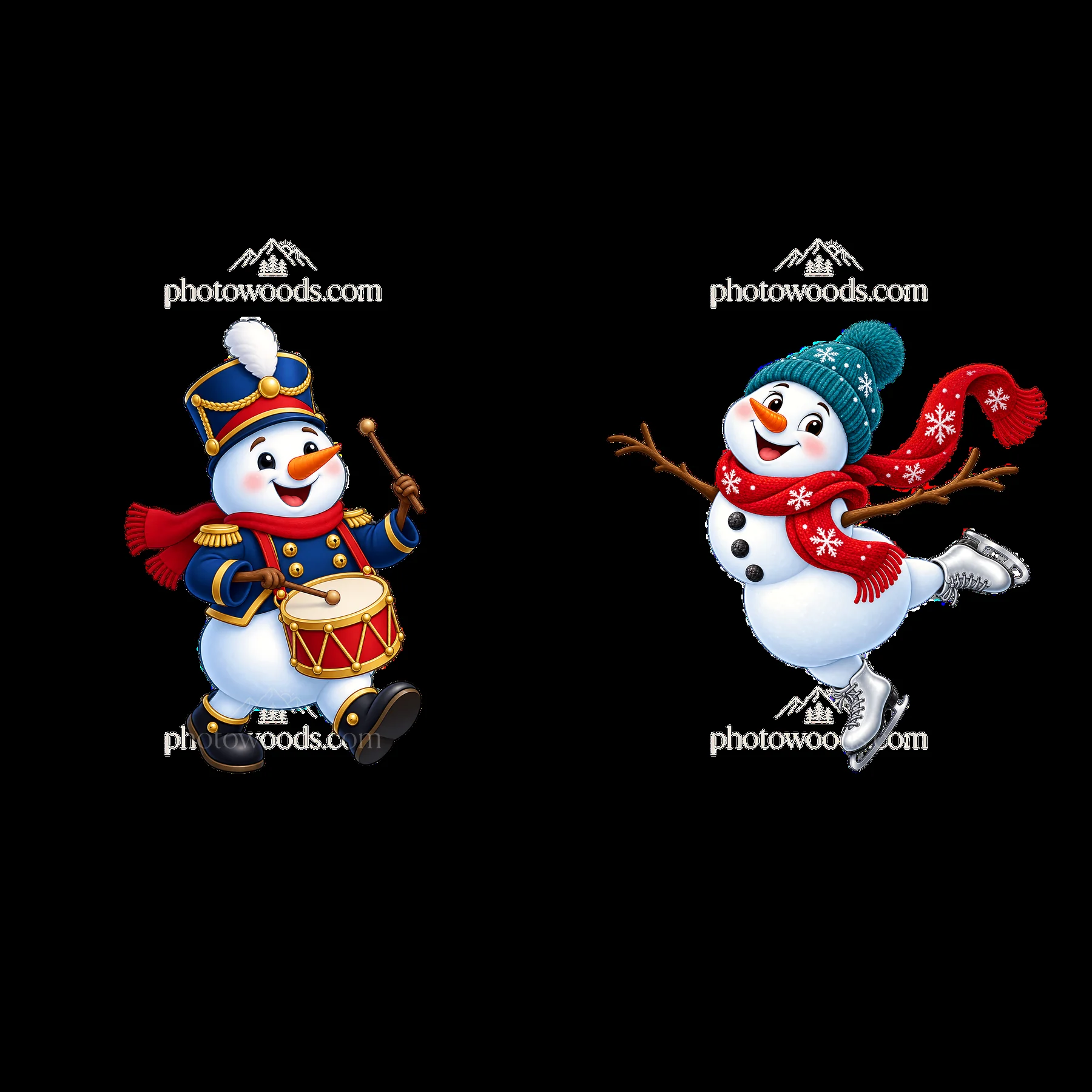 Christmas snowman playing drums and snowman ice skating - AI-generated stock image