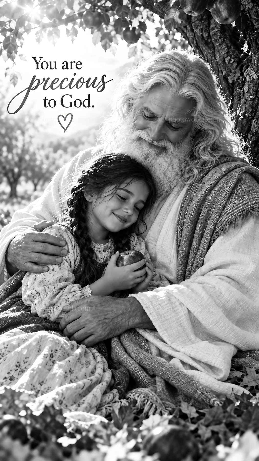 Jesus Christ comforting a child in a garden - AI-generated stock image