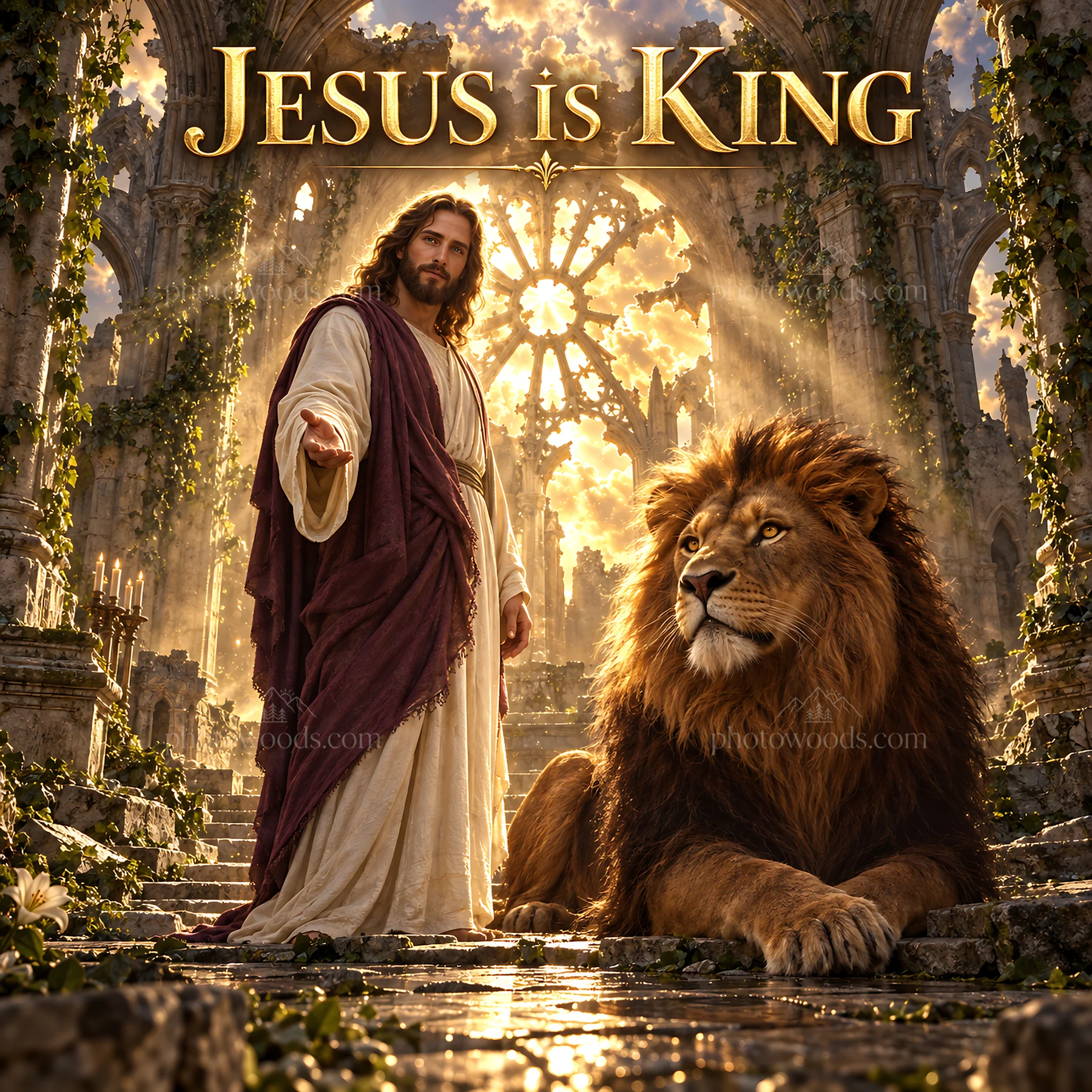 Jesus Christ standing with a lion in an ancient, grand setting - AI-generated stock image