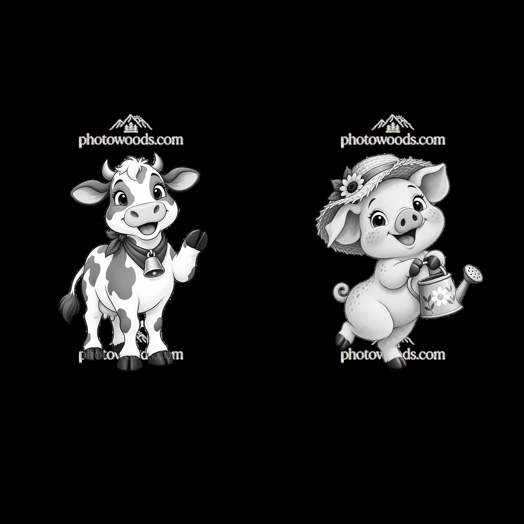 Happy cow and cheerful pig in a farm setting - AI-generated stock image
