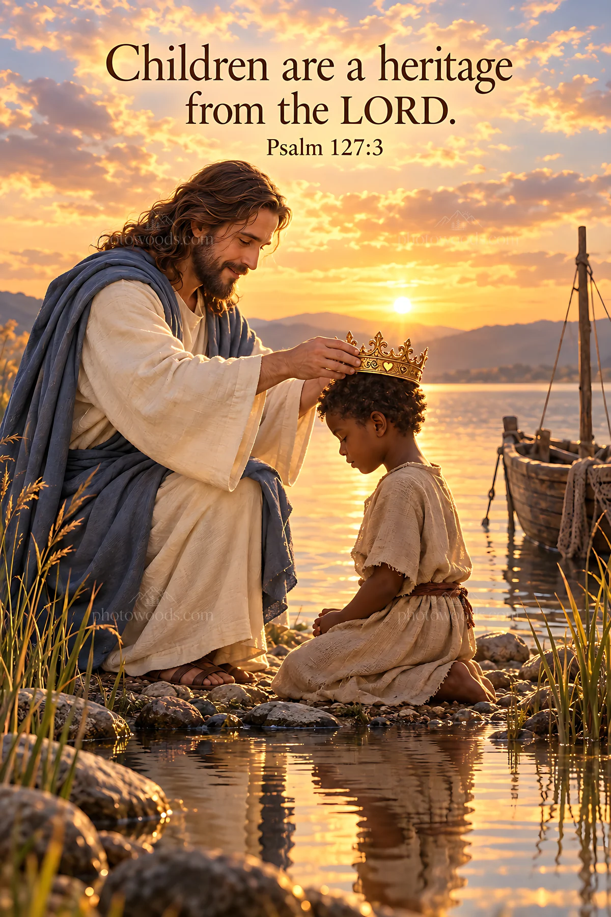 Crown placed on child's head by a figure near the water - AI-generated stock image