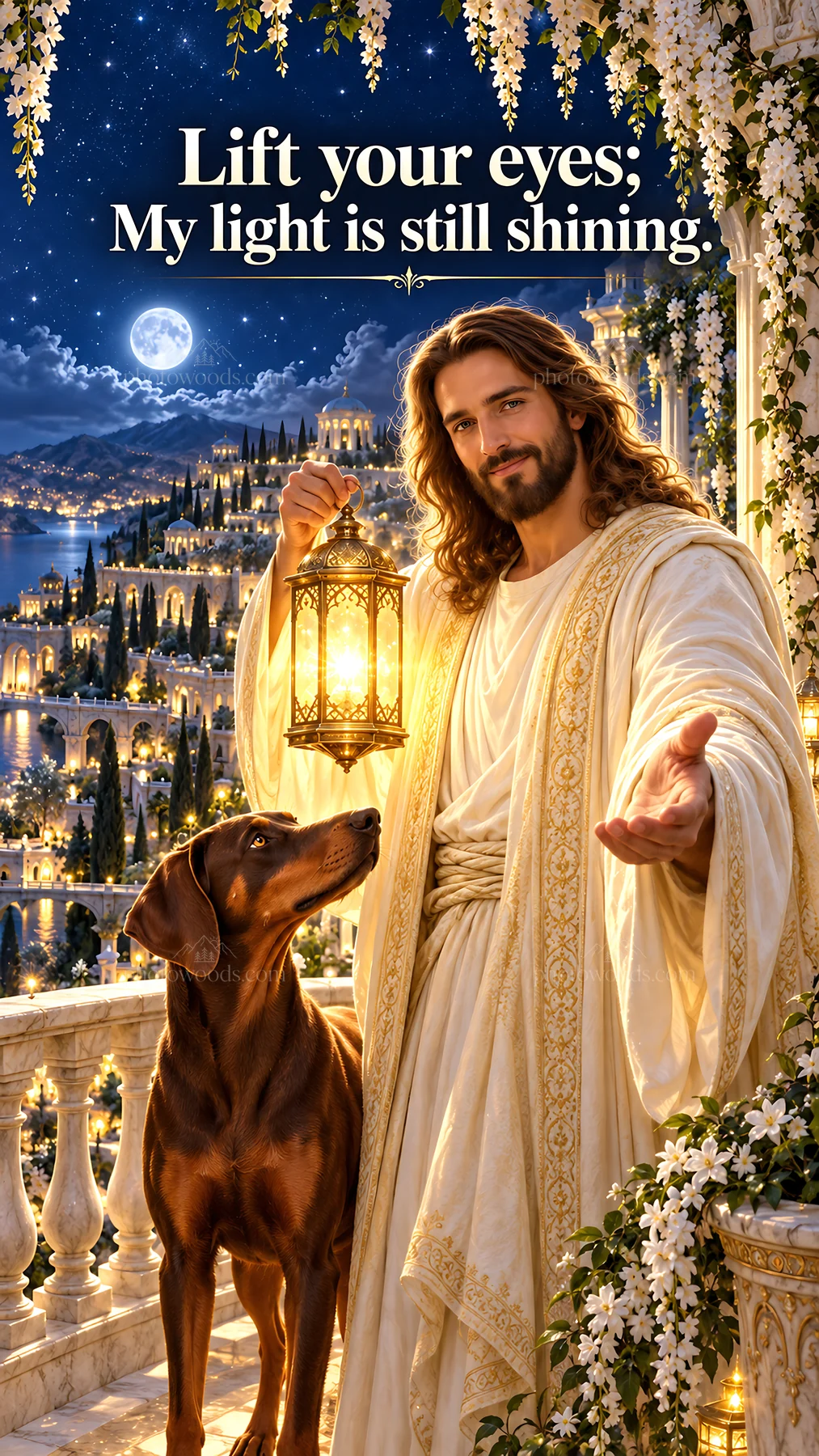 Jesus Christ standing with a lantern and a dog in a garden - AI-generated stock image