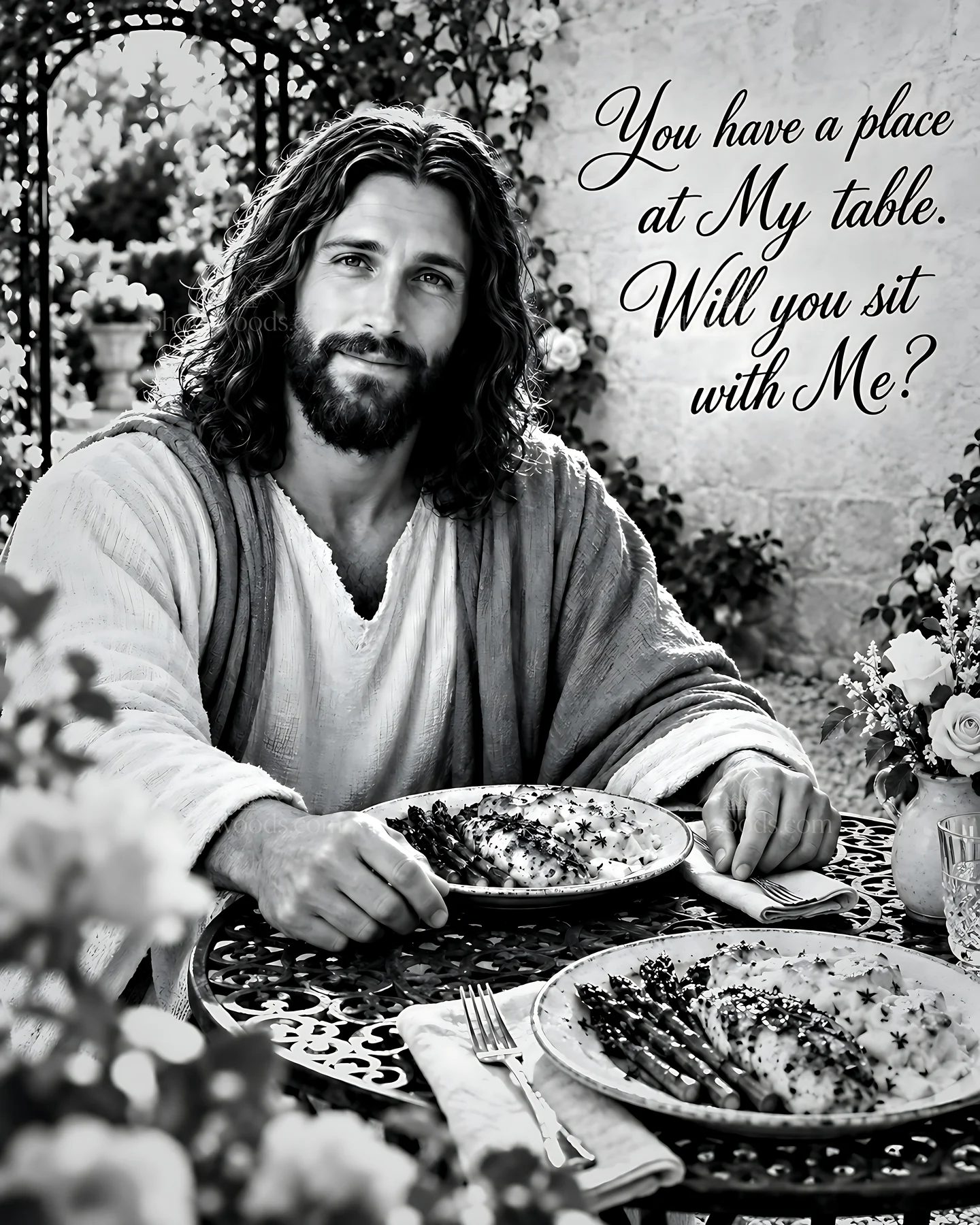 Invitation to dine in a rose garden - AI-generated stock image