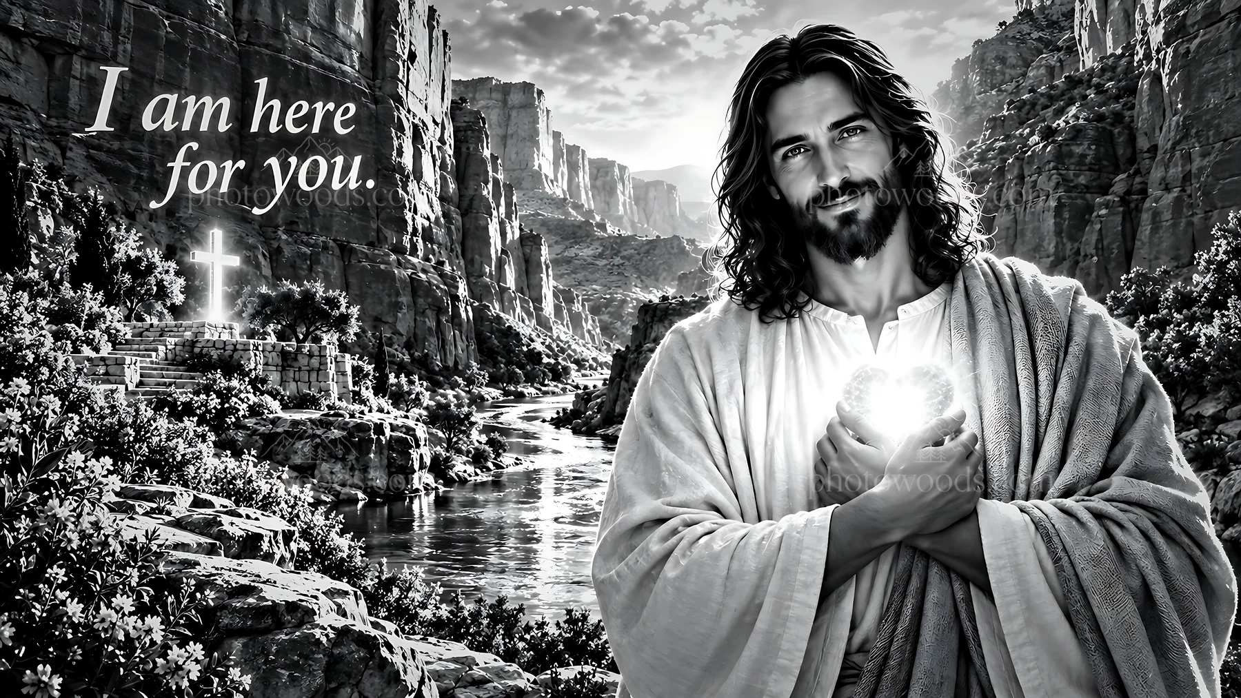 Guidance along the Canyon River with a figure and cross - AI-generated stock image