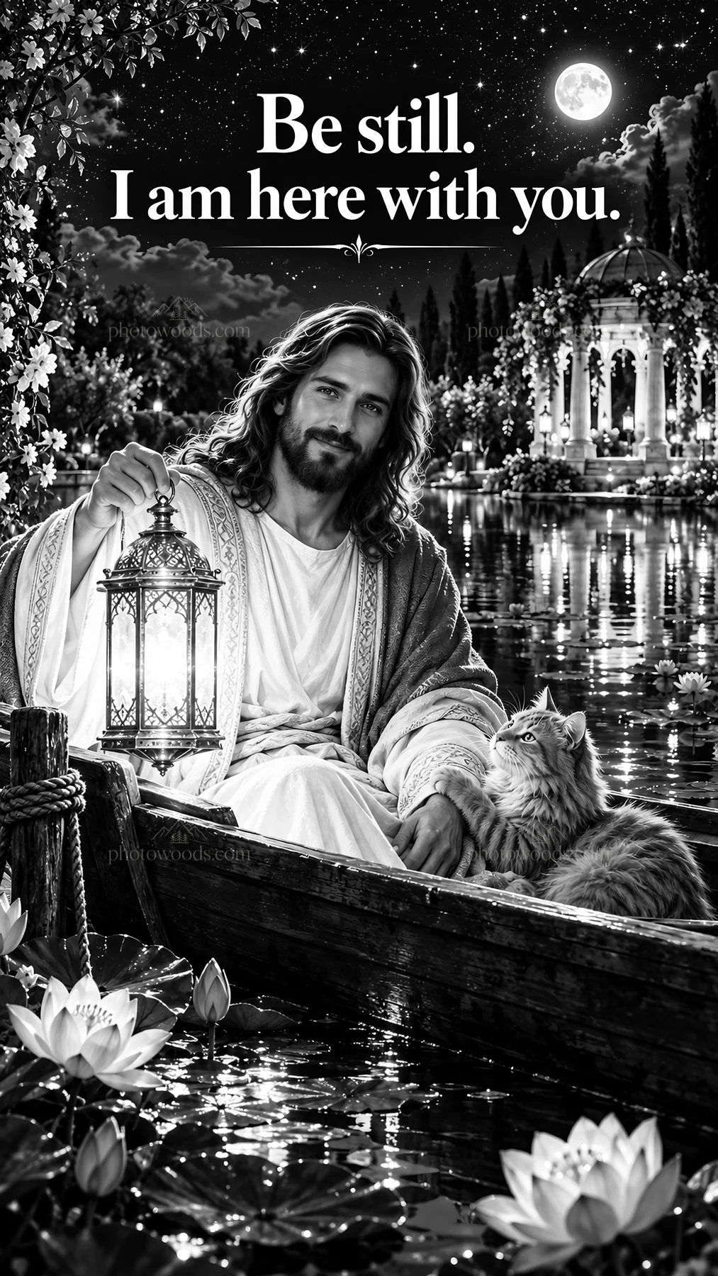 Jesus Christ in a boat with a cat, comforting viewers - AI-generated stock image