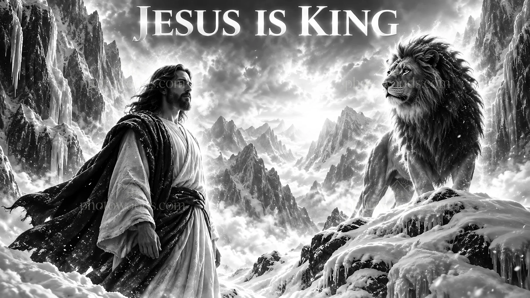 Jesus Christ facing a lion in a dramatic mountain scene - AI-generated stock image