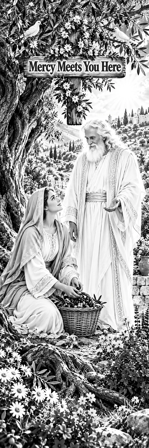 Jesus Christ meets a woman in a garden with a basket of fruit - AI-generated stock image