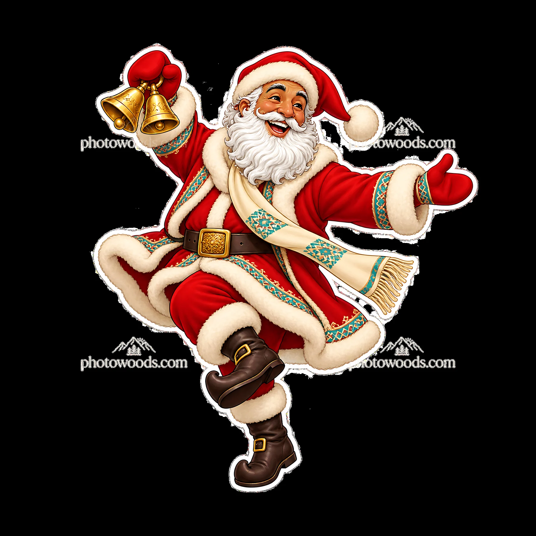Santa Claus dancing with bells and wearing a festive outfit - AI-generated stock image