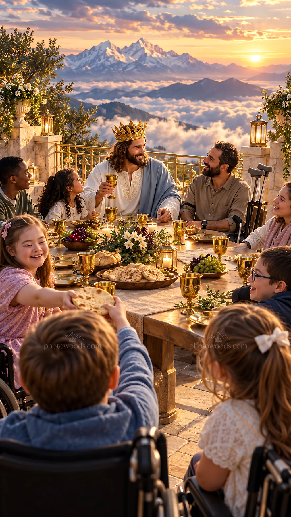Jesus Christ sharing a meal with people in a scenic setting - AI-generated stock image