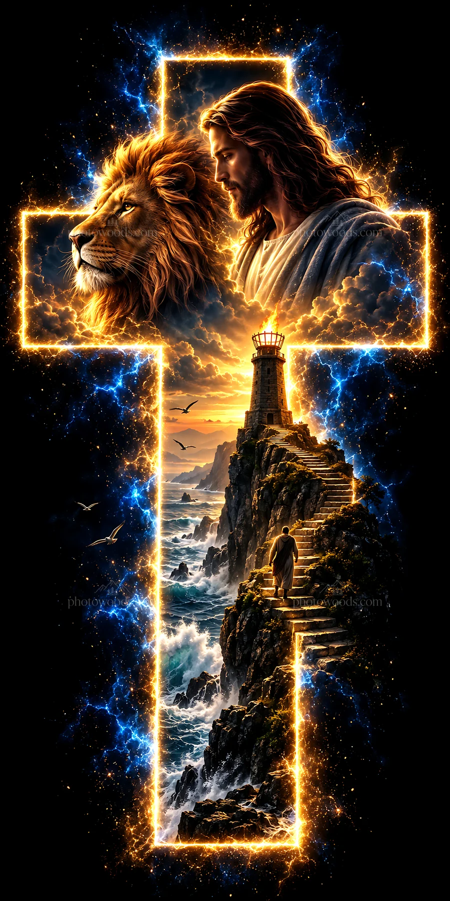 Jesus Christ guiding a figure on a path towards a lighthouse - AI-generated stock image