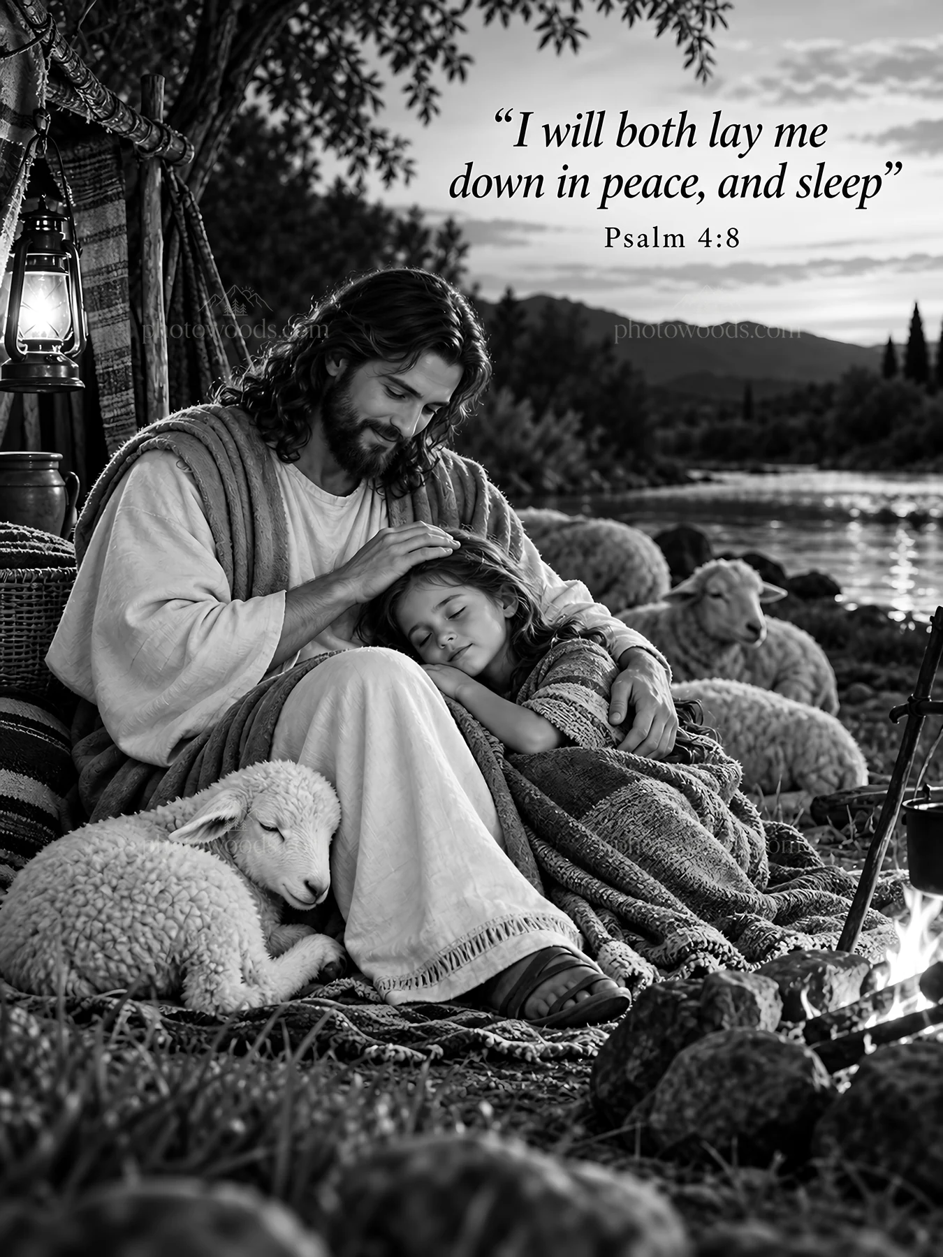 Jesus Christ comforts a child in a serene outdoor setting - AI-generated stock image