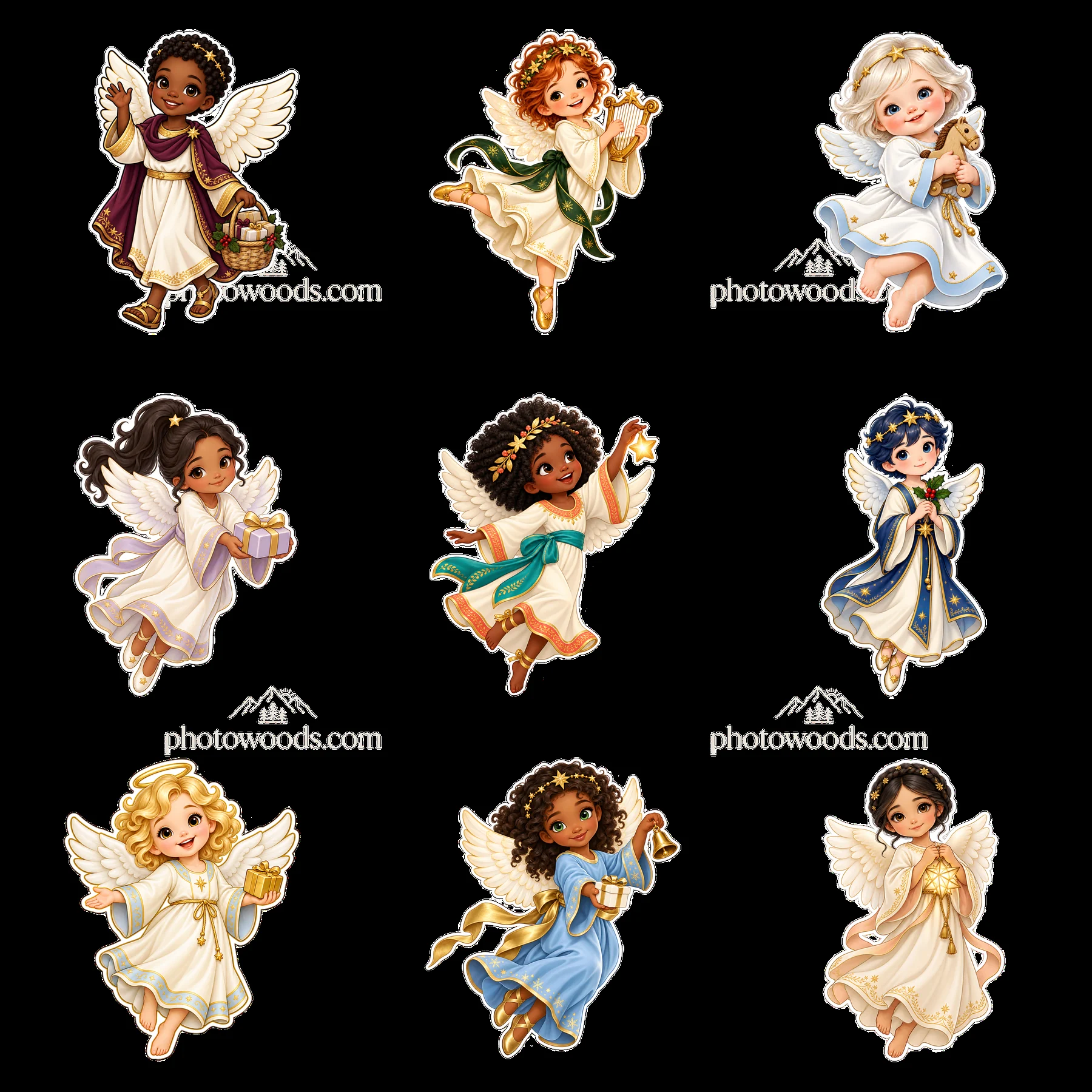 Christ Child angels holding gifts and celebrating in a 3x3 grid - AI-generated stock image