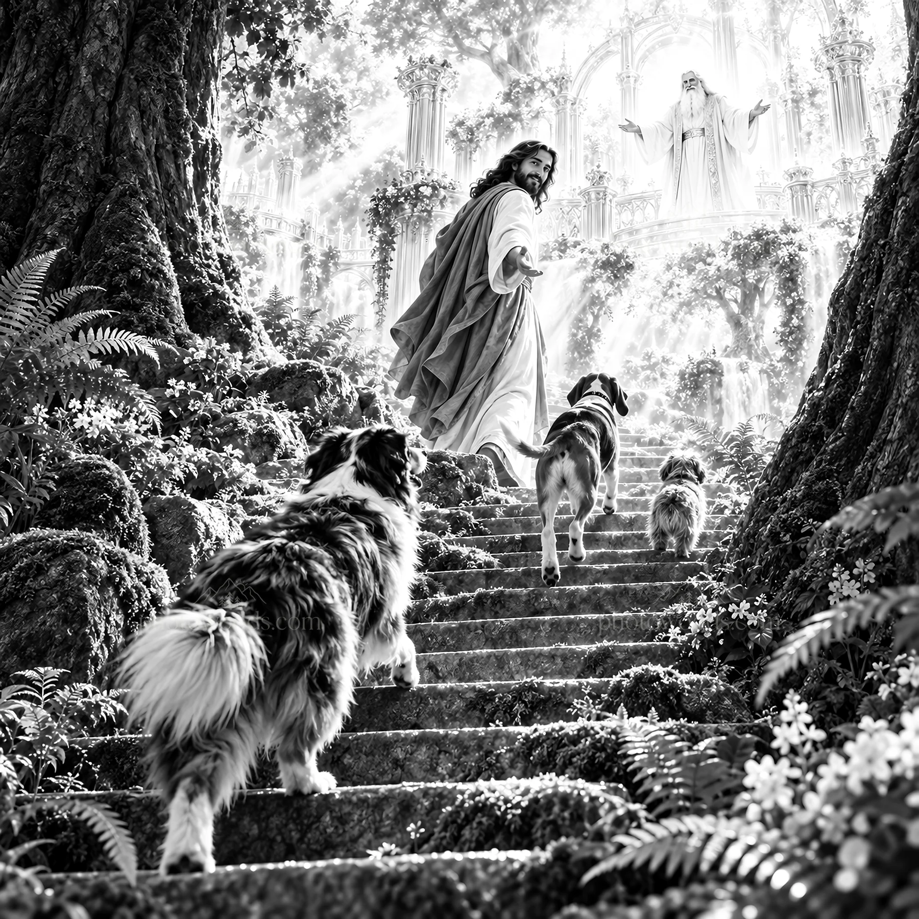 Jesus Christ walking with dogs on a stone path in nature - AI-generated stock image