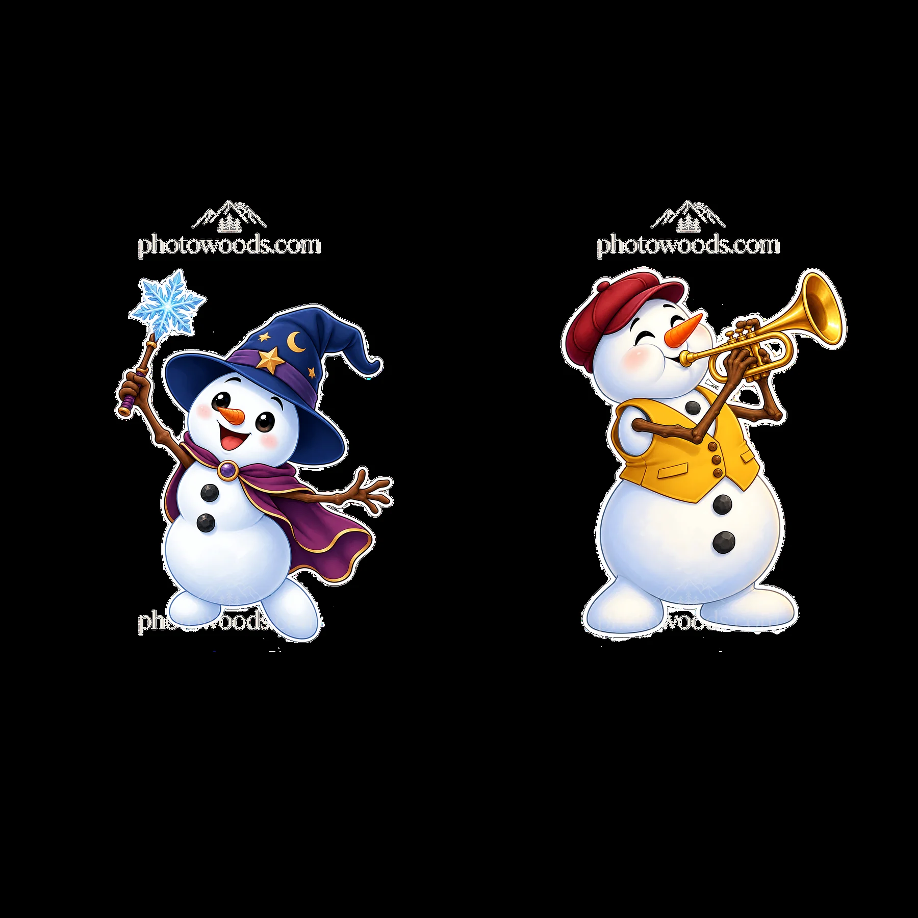 Two cheerful snowmen with accessories and festive expressions - AI-generated stock image