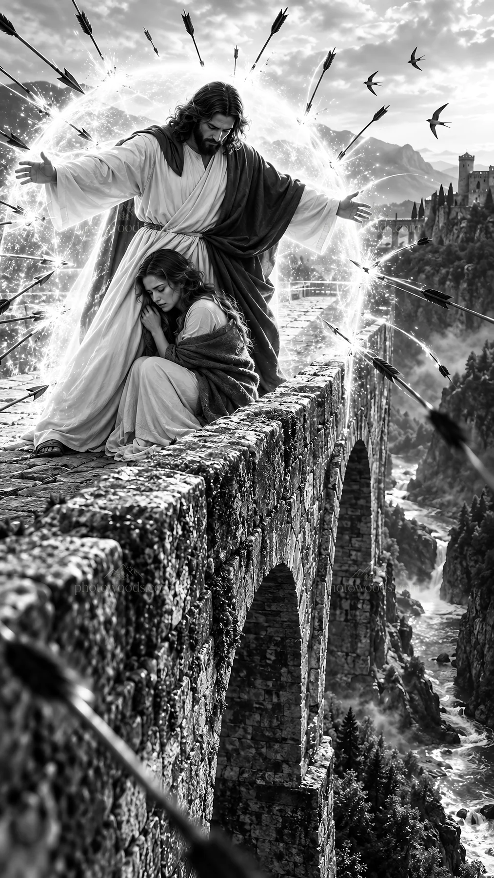 Jesus Christ protecting a woman with arrows around them - AI-generated stock image