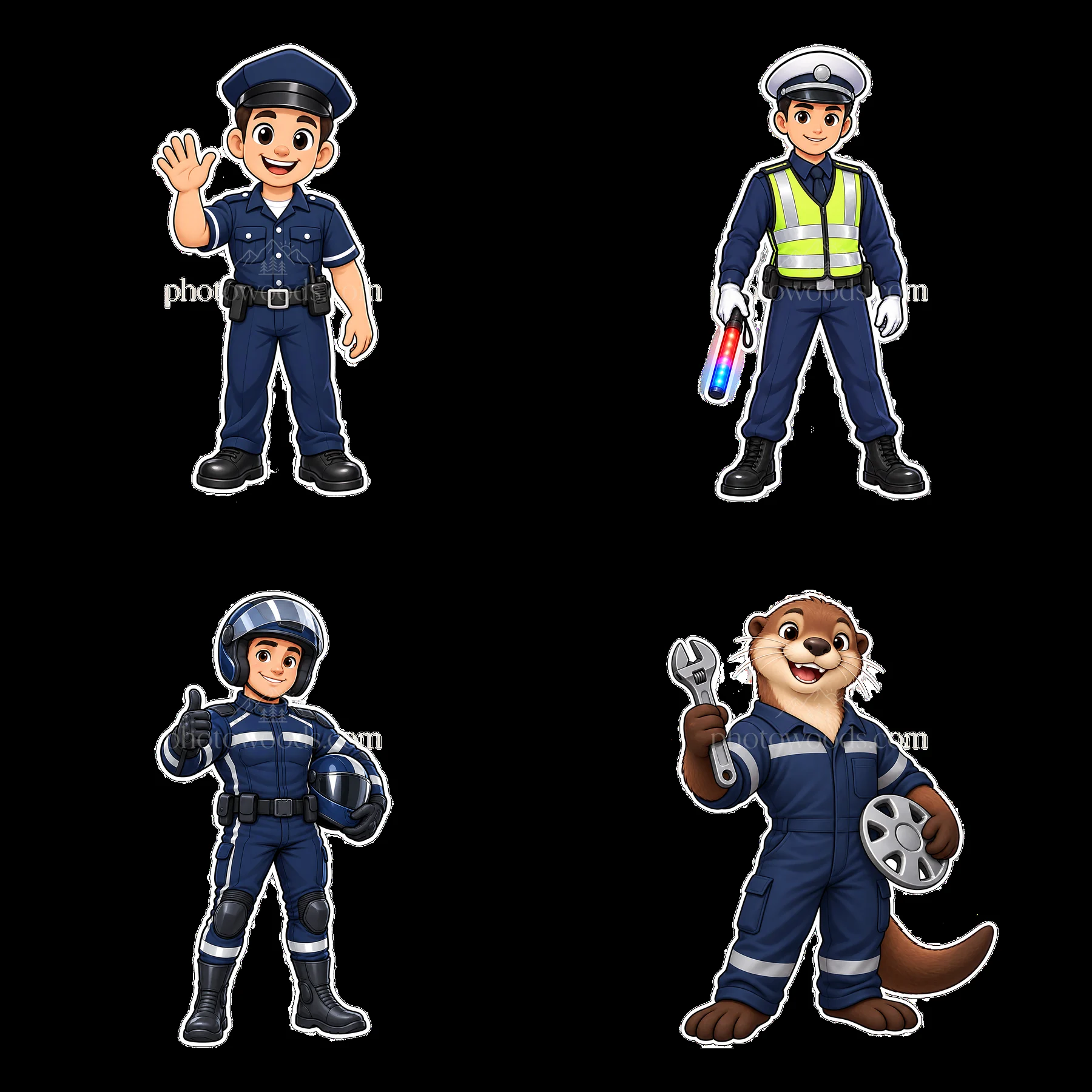 Cartoon police figures and animal mechanic in grid layout - AI-generated stock image