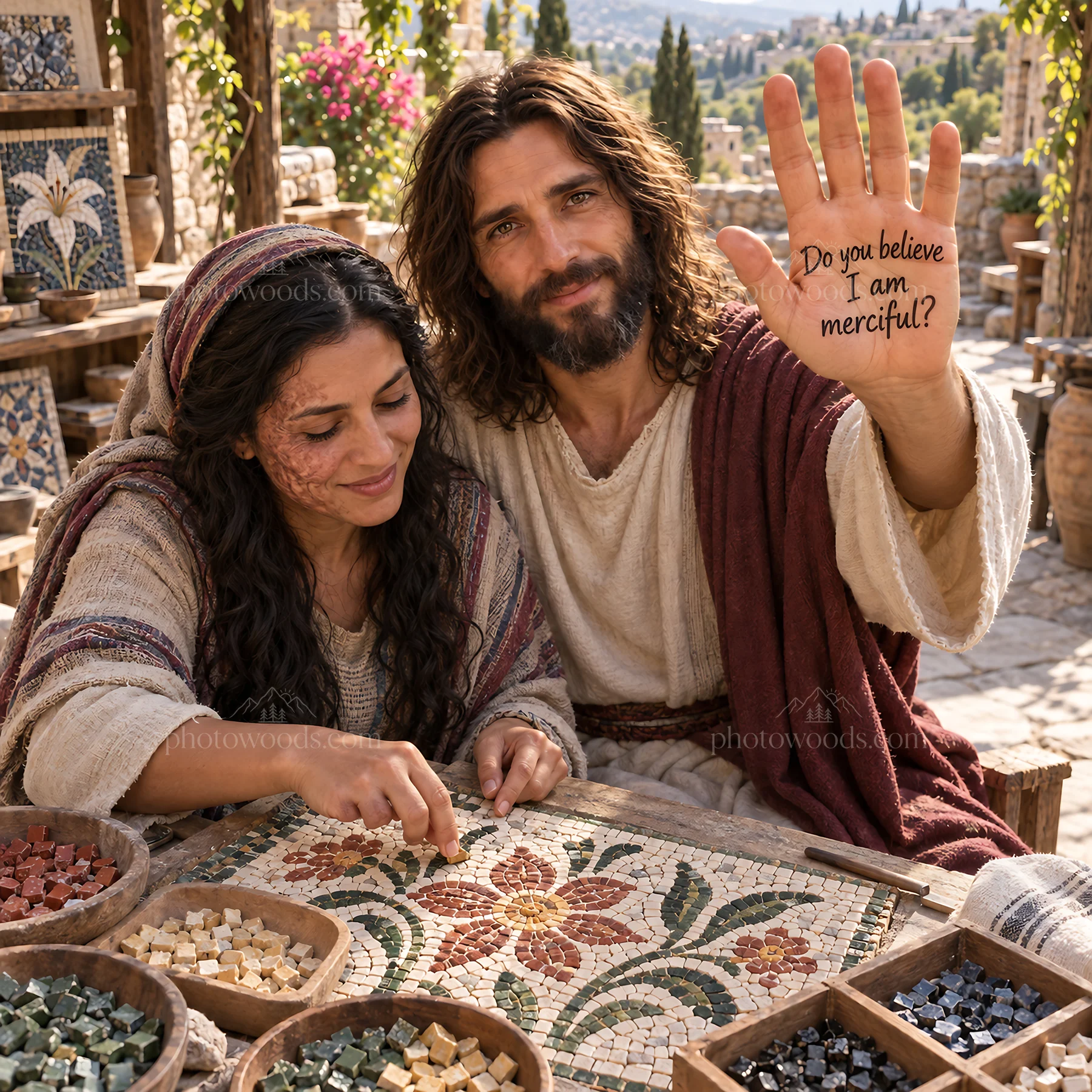 Jesus Christ teaches compassion while sharing a meal - AI-generated stock image