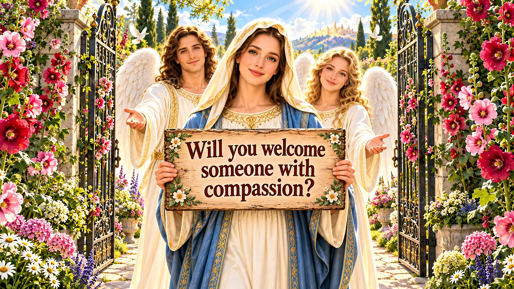 Jesus Christ welcoming with angels in a garden setting - AI-generated stock image