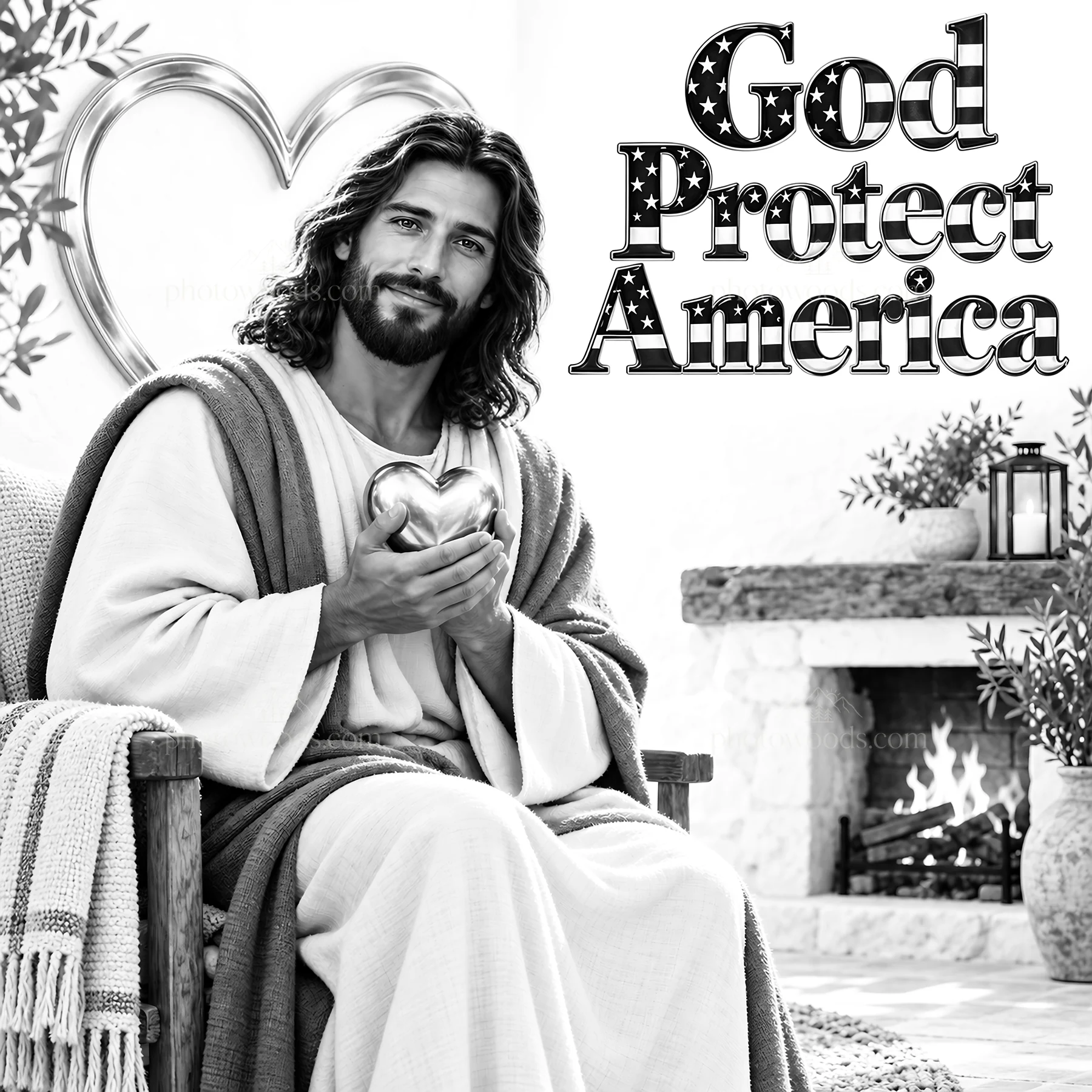 Jesus Christ holds a heart with a message for America - AI-generated stock image