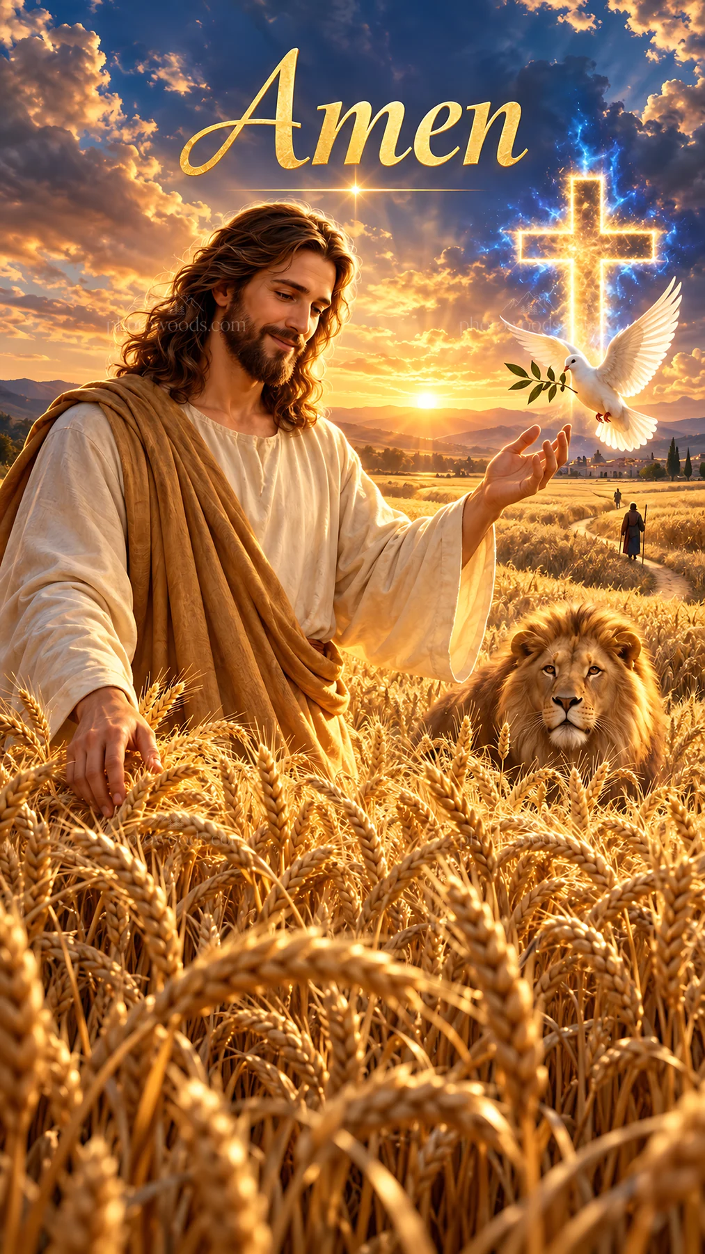 Jesus Christ welcoming the viewer in a wheat field - AI-generated stock image