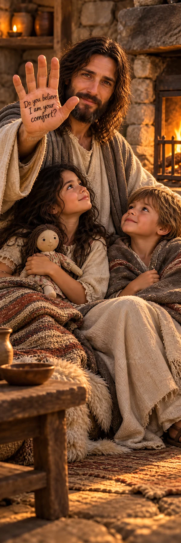 Jesus Christ comforting children with a message of belief - AI-generated stock image