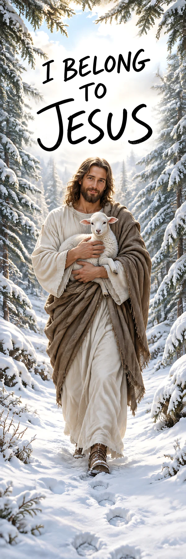 Jesus Christ carrying a lamb through a snowy forest - AI-generated stock image