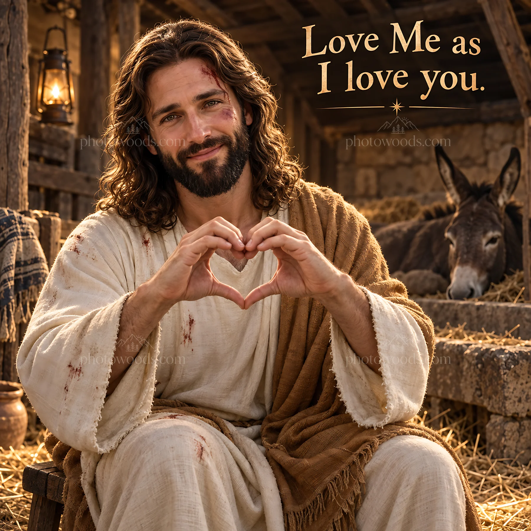 Jesus Christ making a heart symbol in a stable setting - AI-generated stock image