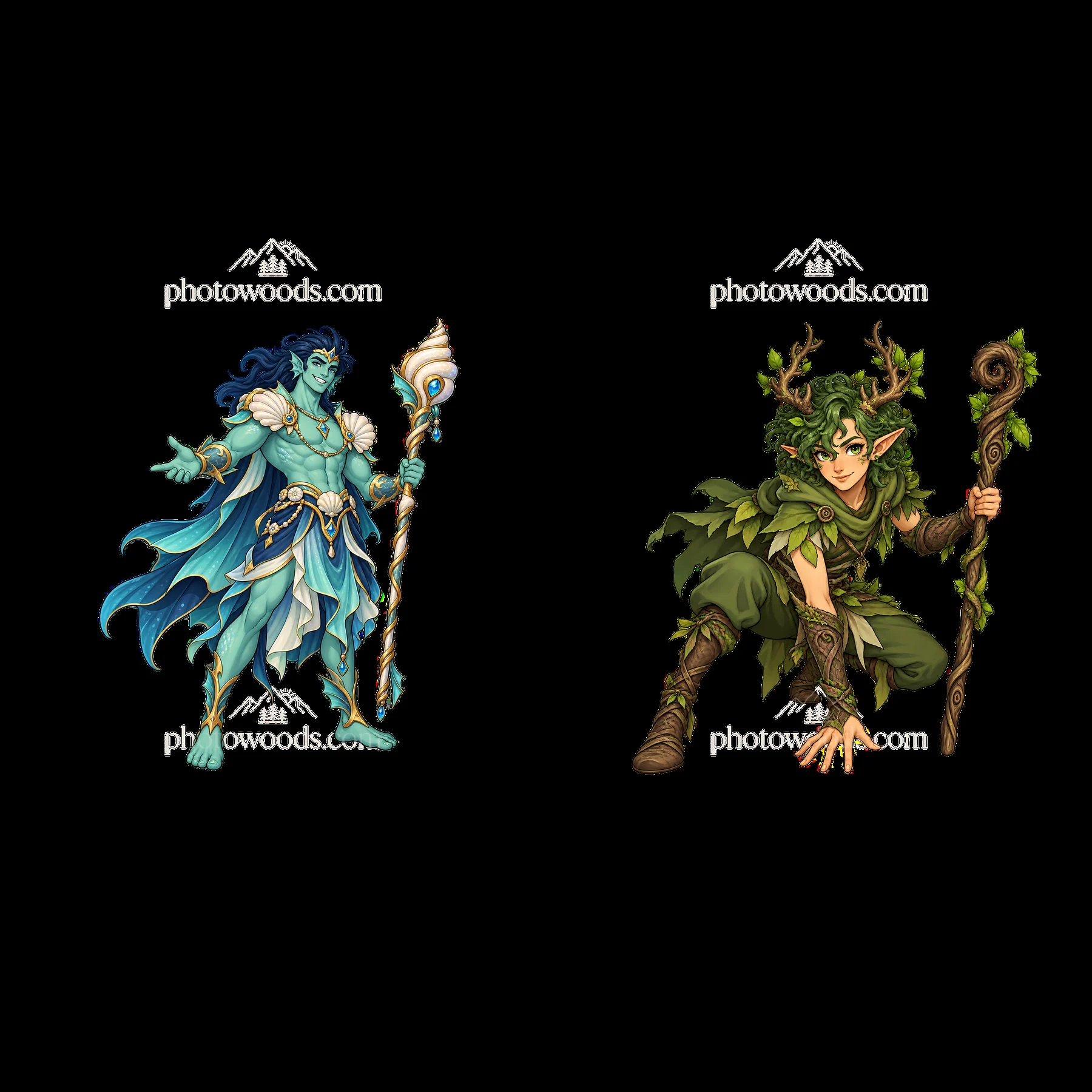Pagan gods in action with blue deity and green nature spirit - AI-generated stock image