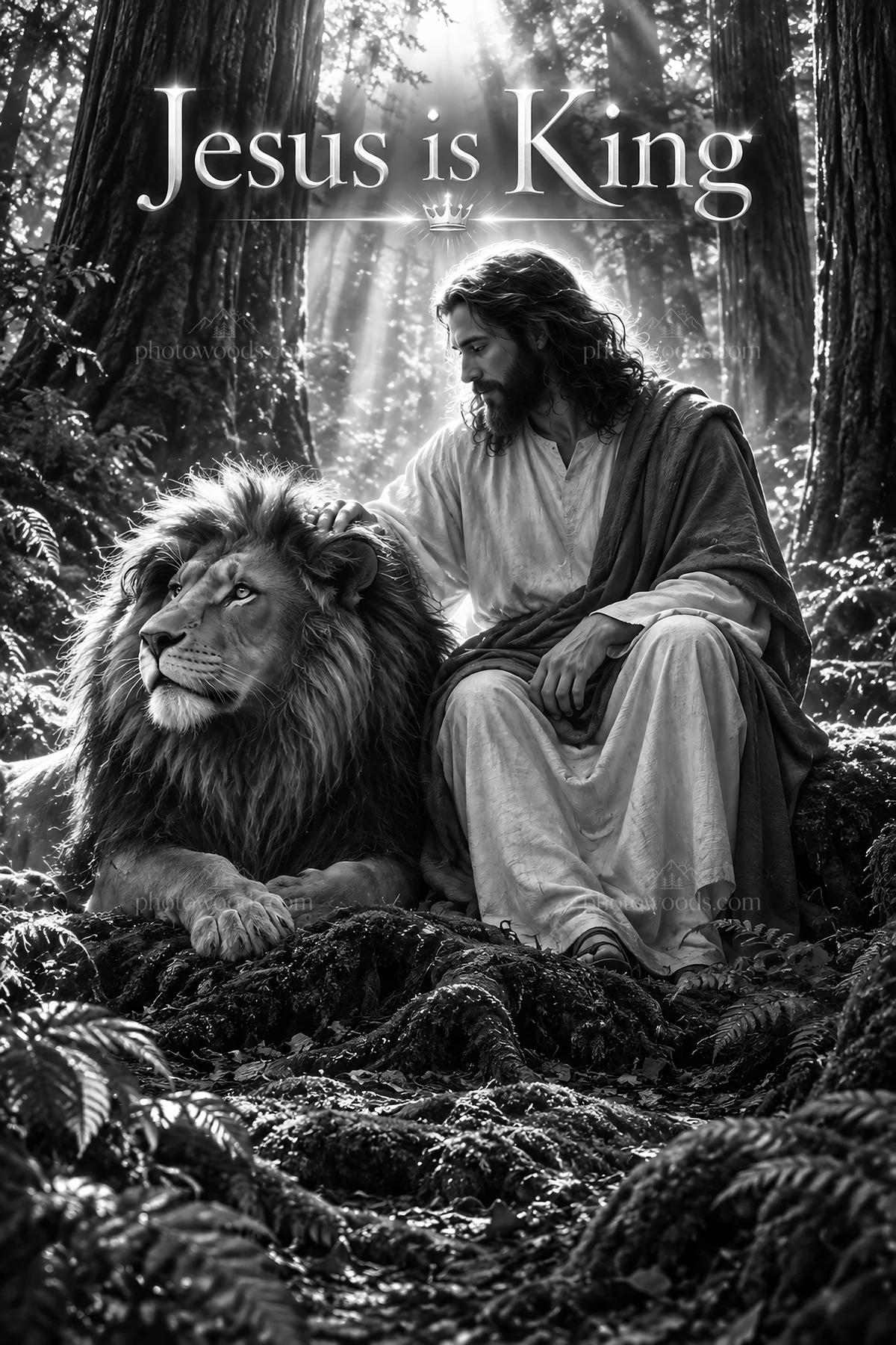 Jesus Christ sitting with a lion in the forest - AI-generated stock image