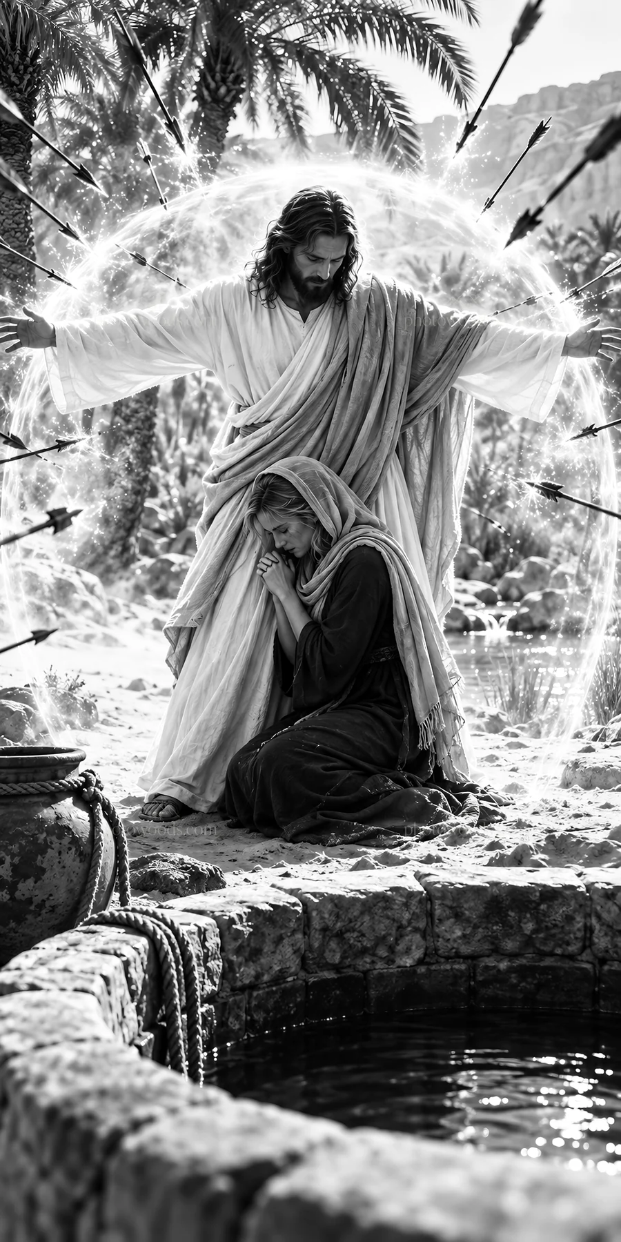 Jesus Christ comforts a suffering woman by a well - AI-generated stock image