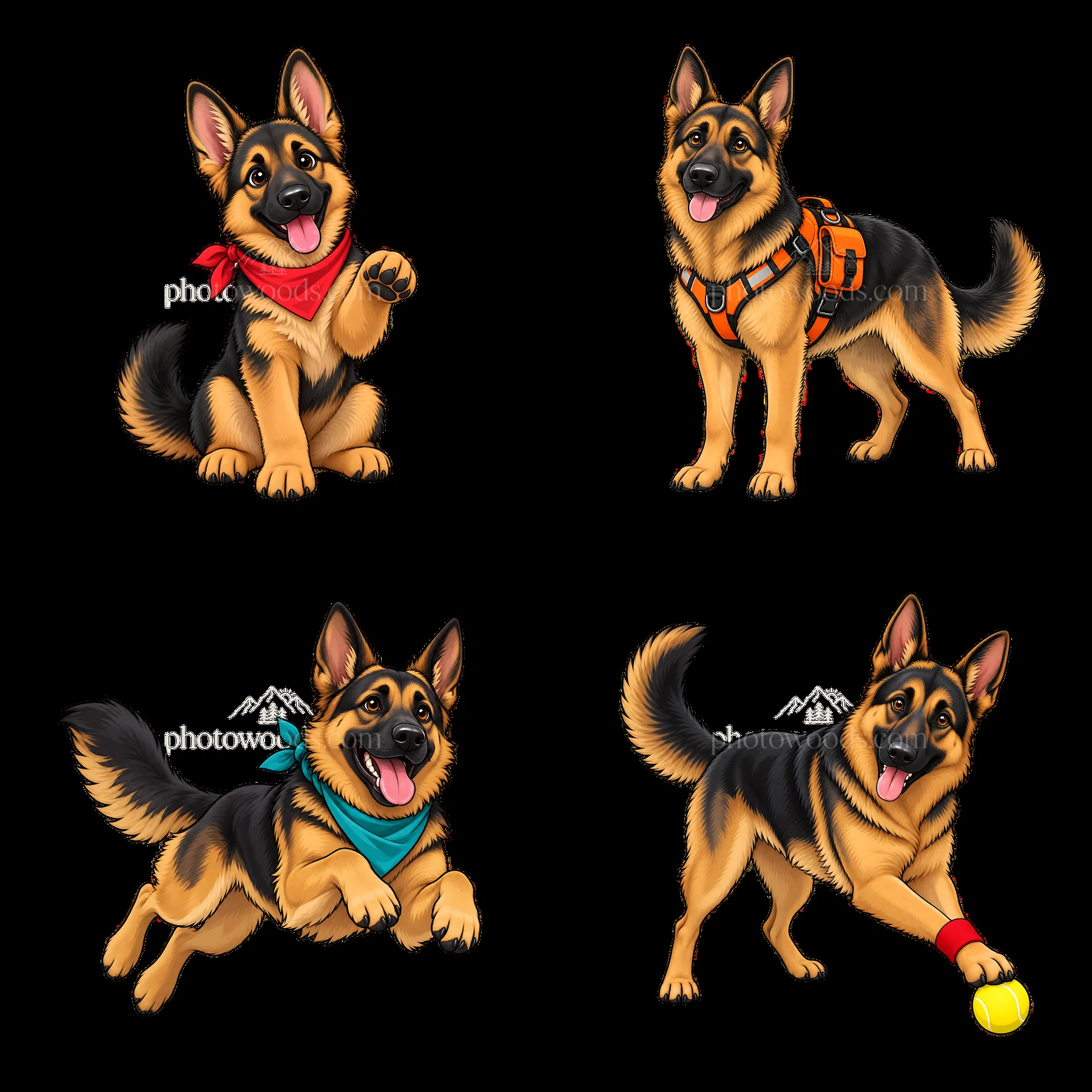 German Shepherd dog cartoon stickers with various accessories - AI-generated stock image