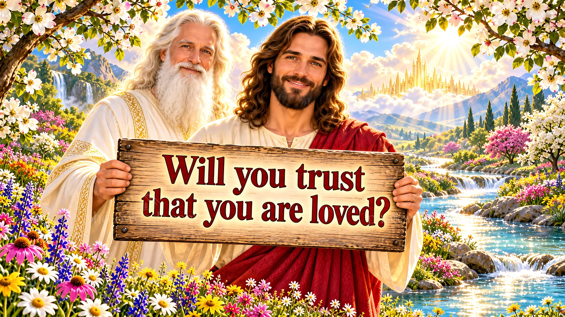Jesus Christ inviting trust in God's love with a welcoming message - AI-generated stock image
