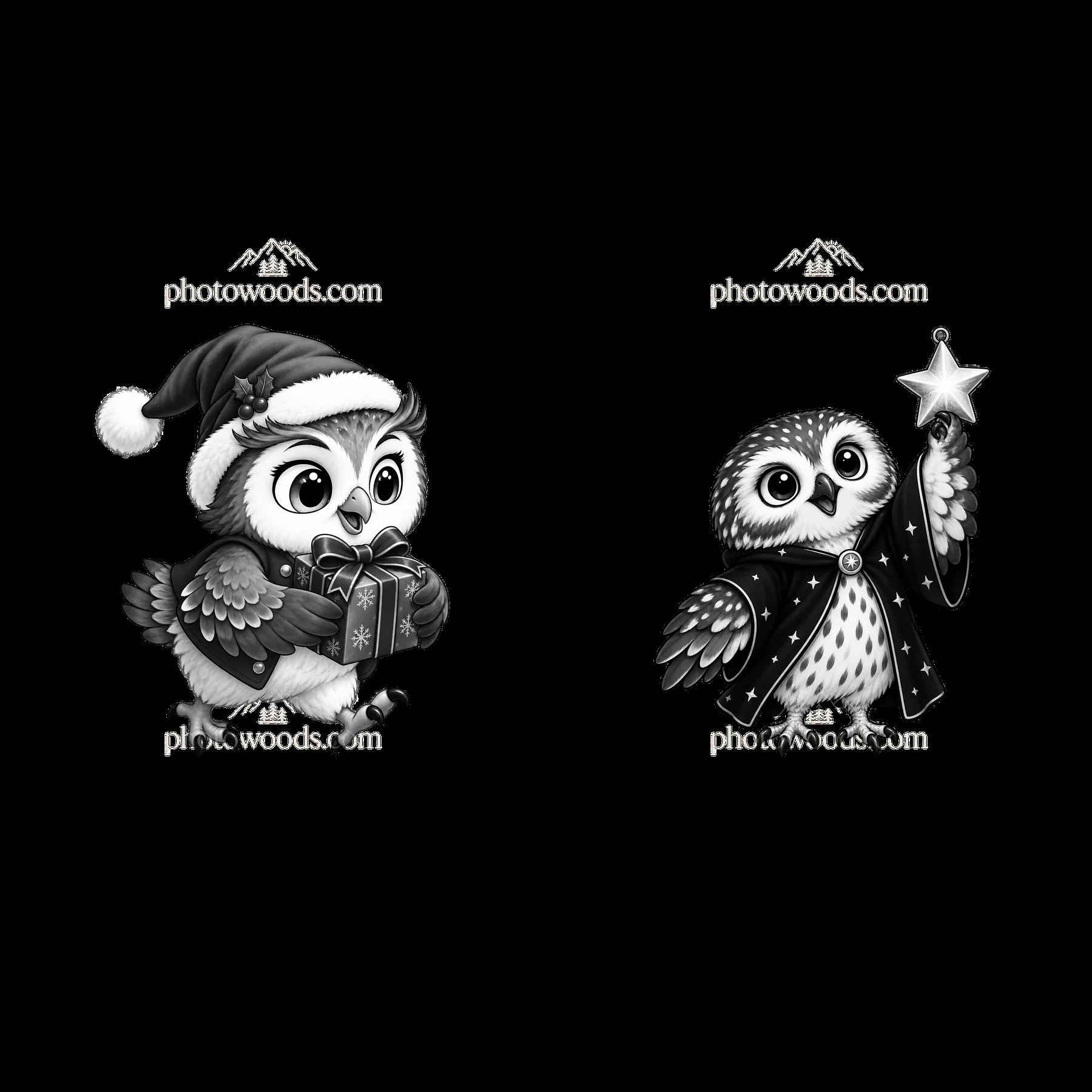 Cute owls celebrating Christmas with gifts and a star - AI-generated stock image