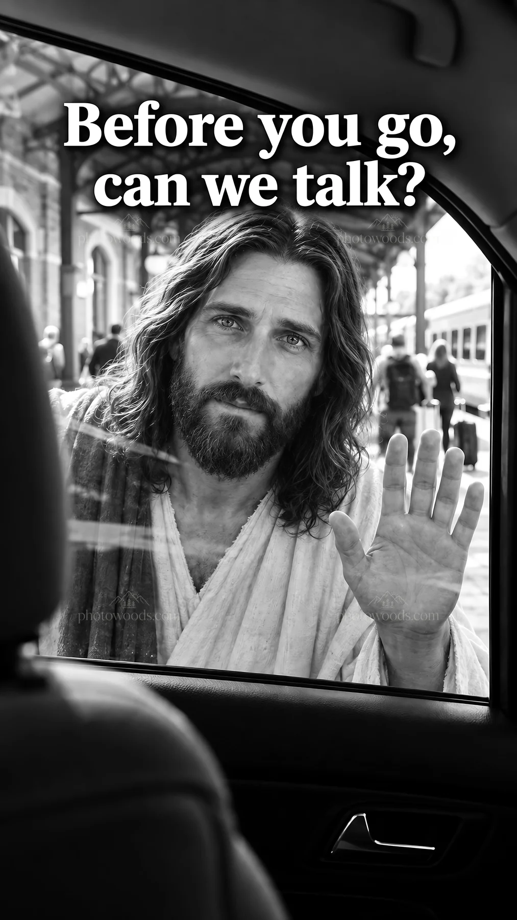 Jesus Christ inviting conversation at a vehicle window - AI-generated stock image