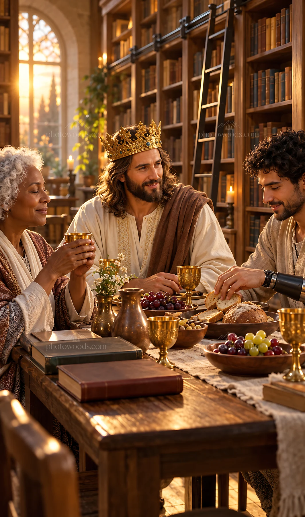 Jesus Christ sharing a meal with friends in a library setting - AI-generated stock image