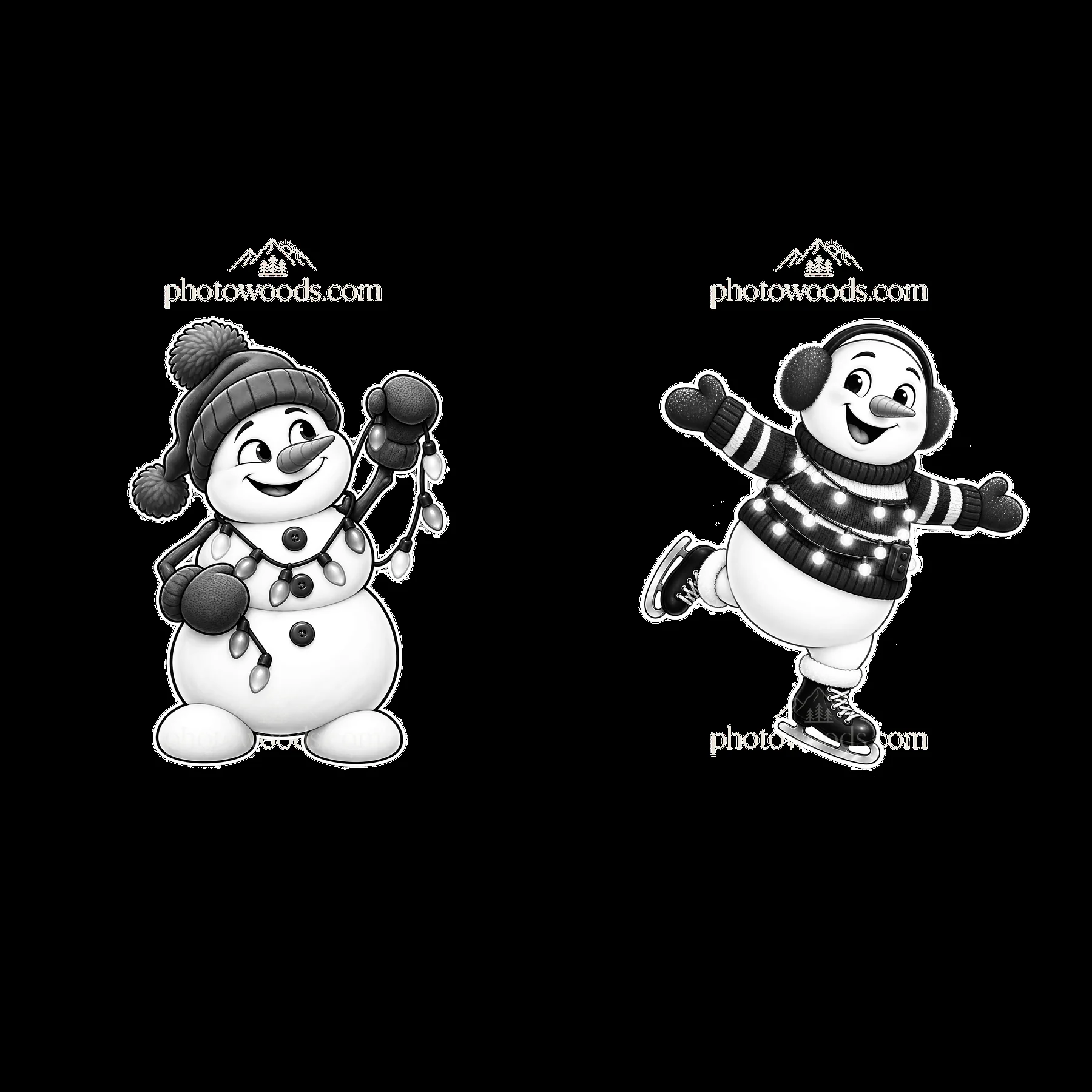 Snowman holding lights and snowman skating in monochrome design - AI-generated stock image