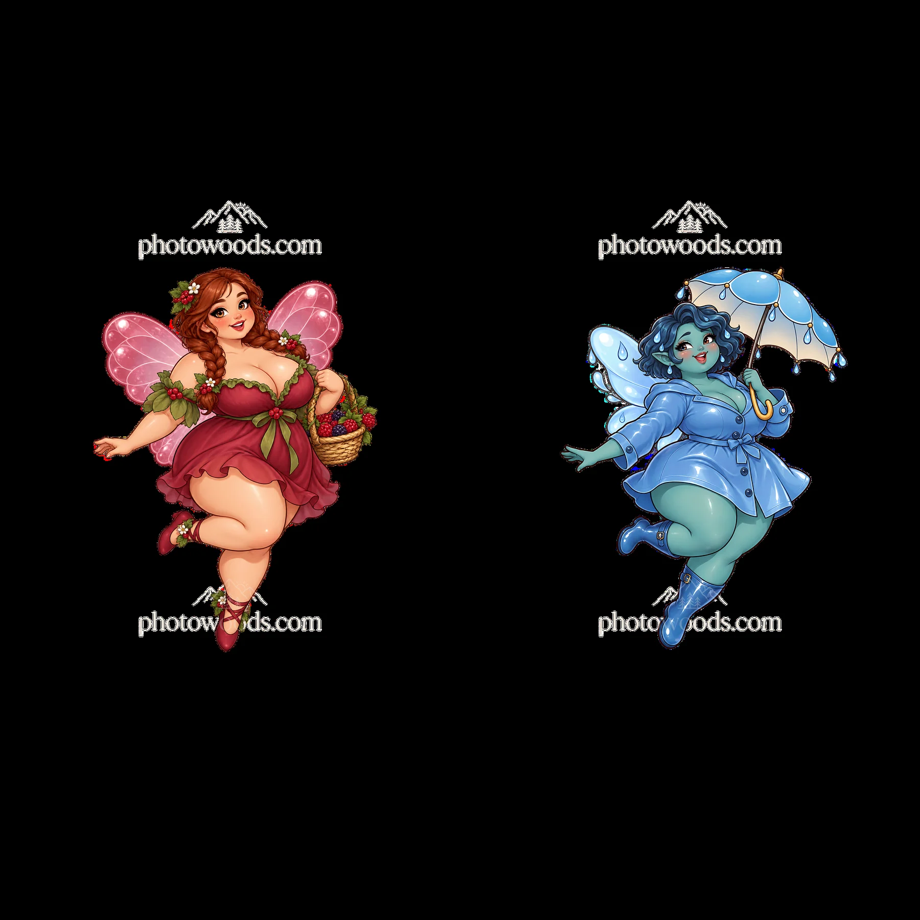Kawaii ultra-fat fairies with accessories in a joyful dance - AI-generated stock image