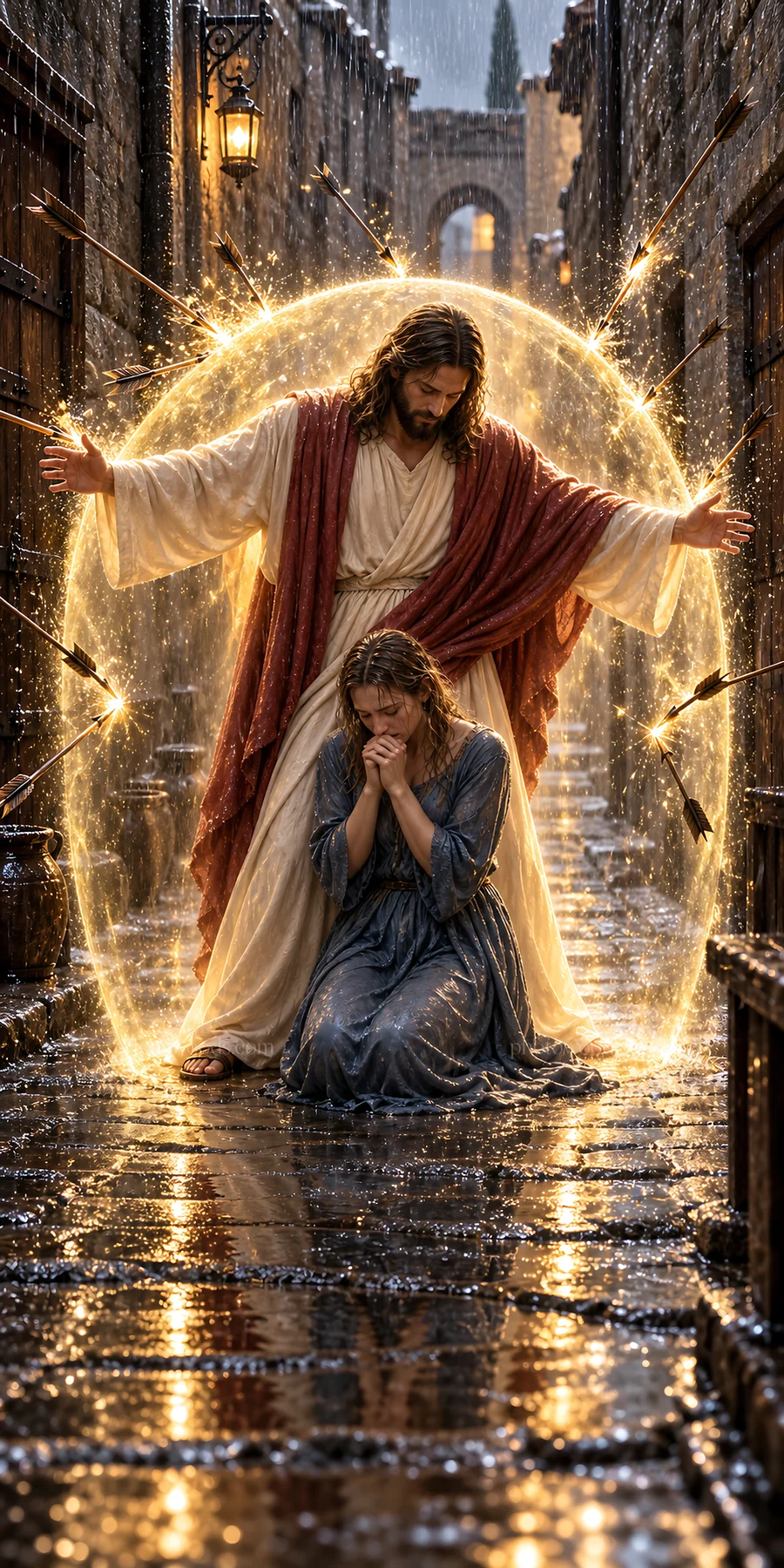 Jesus Christ protects a woman in a rain-soaked street - AI-generated stock image