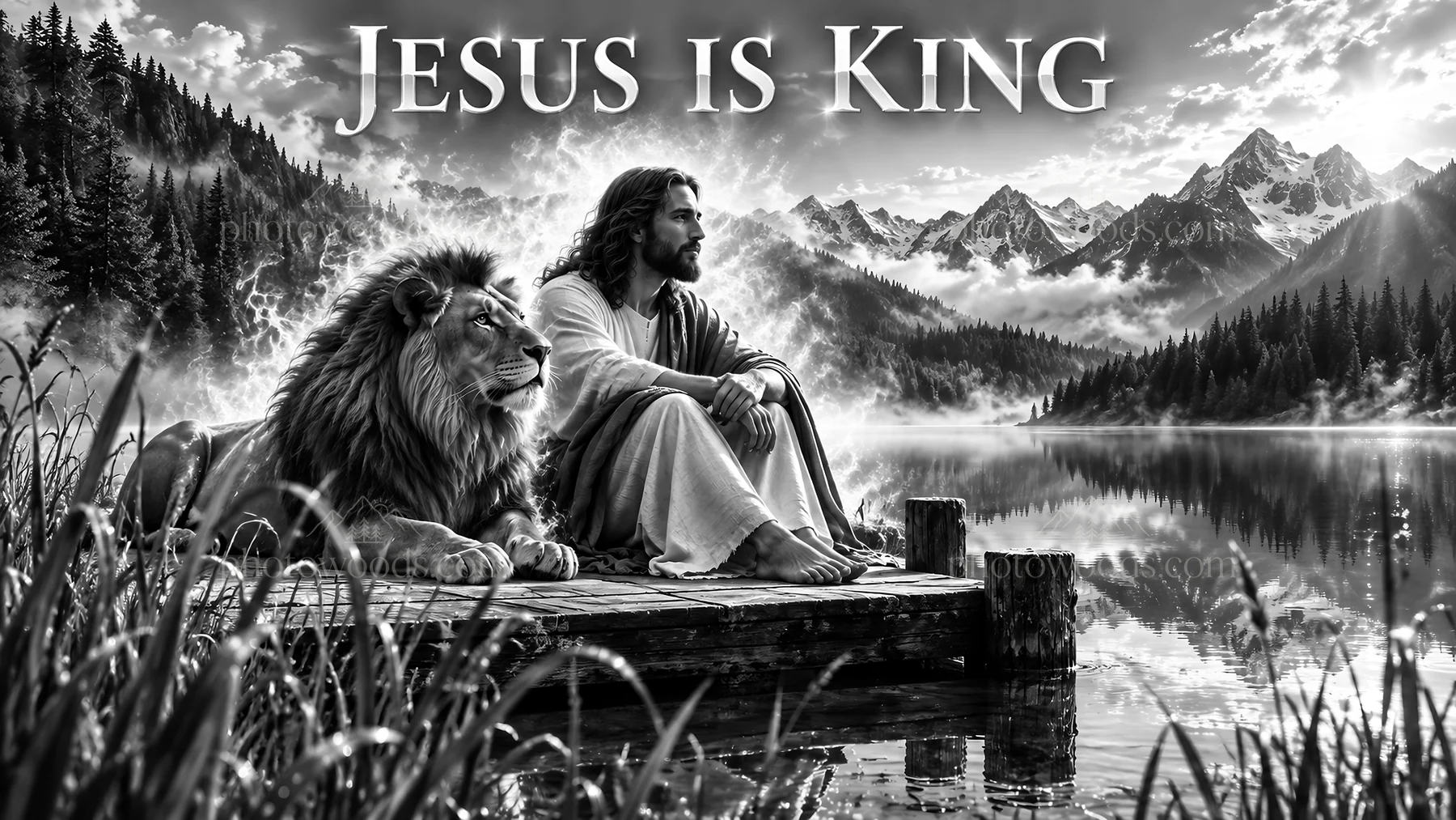 Jesus Christ seated by a lake with a lion - AI-generated stock image