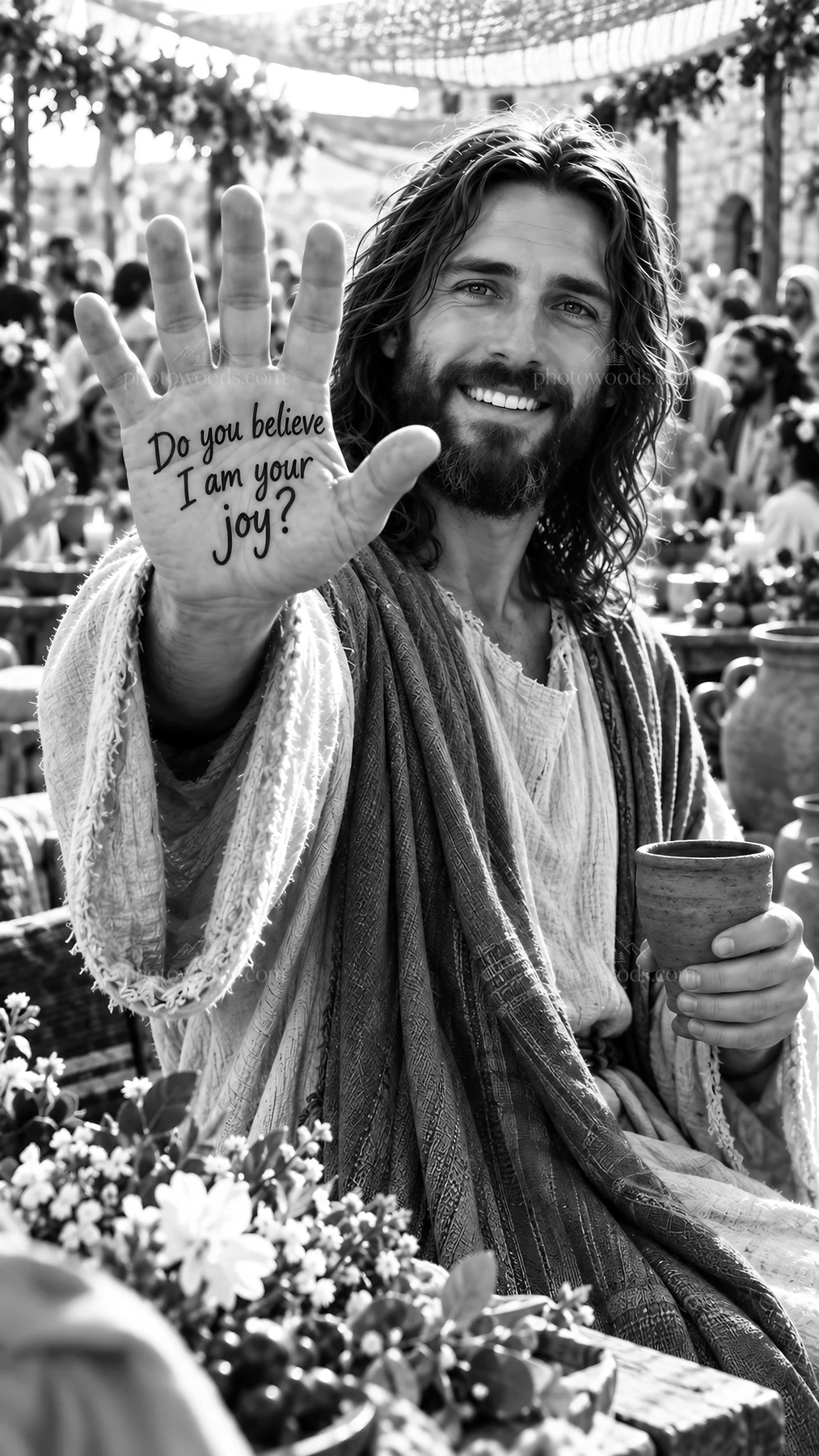Jesus Christ offering joy to the gathering - AI-generated stock image