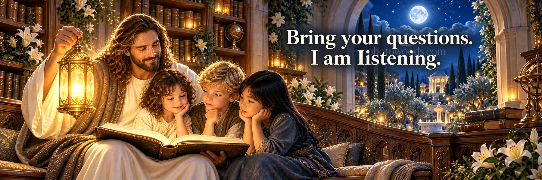 Jesus Christ sharing stories with children in a cozy setting - AI-generated stock image